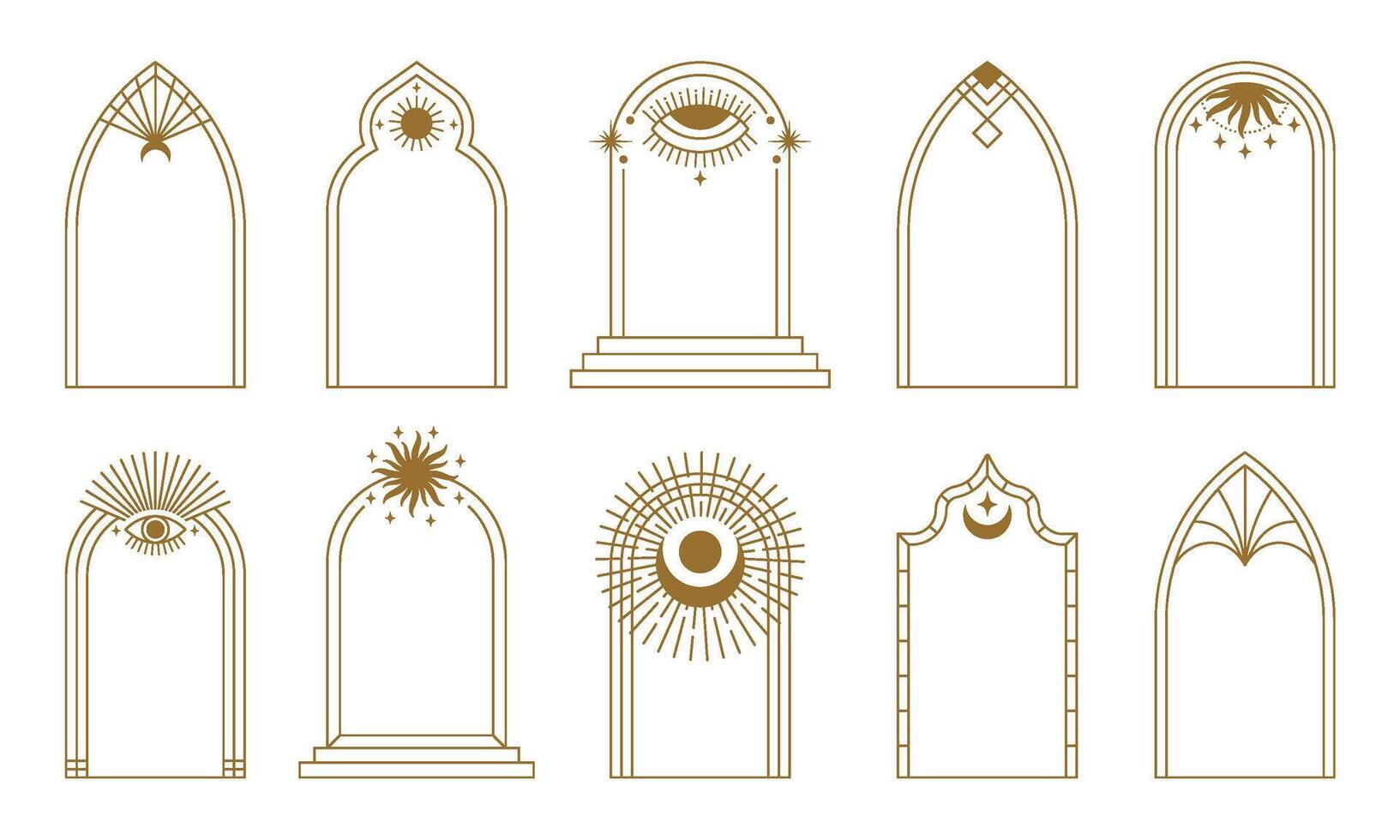 Boho arch frame collection. Bohemian line art frames with sun rays, all seeing eye and moon arches, simple geometric design elements set vector