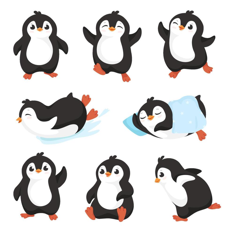 Cute cartoon penguins. Little penguin character with happy smile, aquatic flightless bird mascot set vector