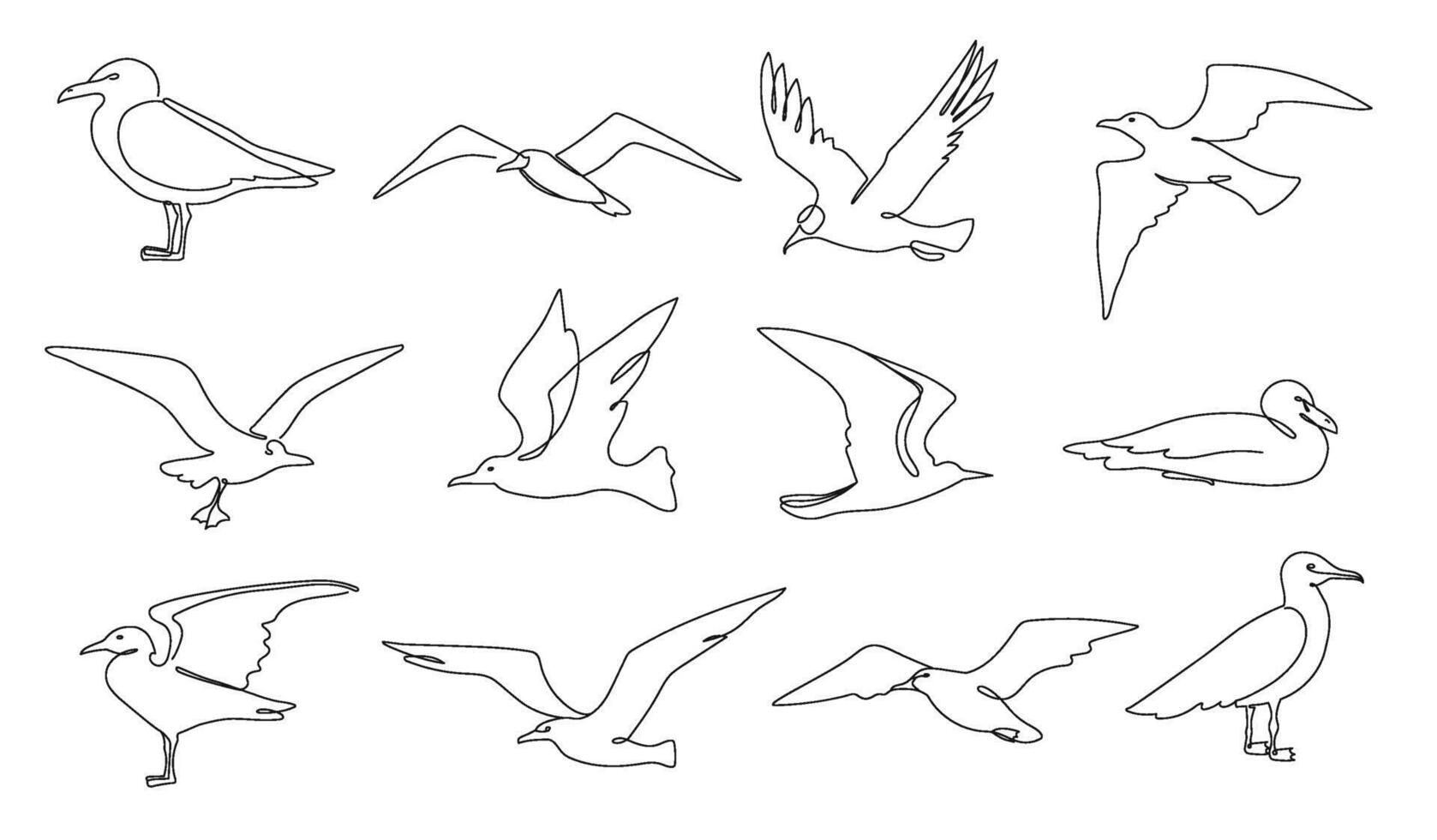 One line seagulls. Flying seabird, nautical bird and beach animal continuous line illustration set vector