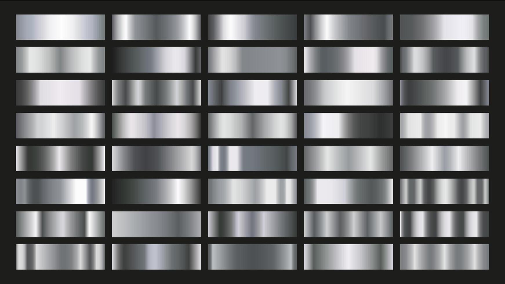 Linear metal gradients. Chrome plate, stainless steel and silver metallic gradient set vector
