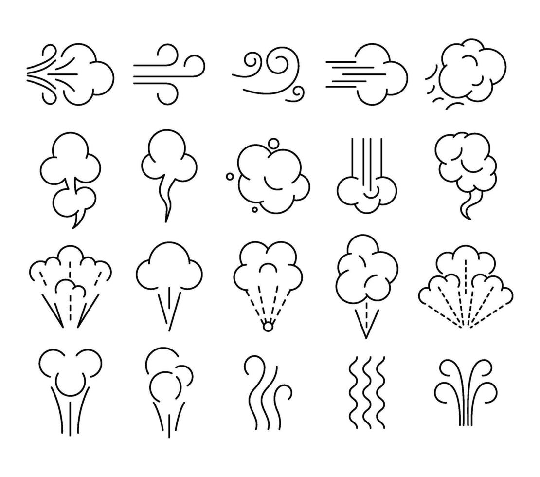 Smell icons. Wind flow, breathe aroma and puff cloud line art symbols. Smoking and breath illustration set vector