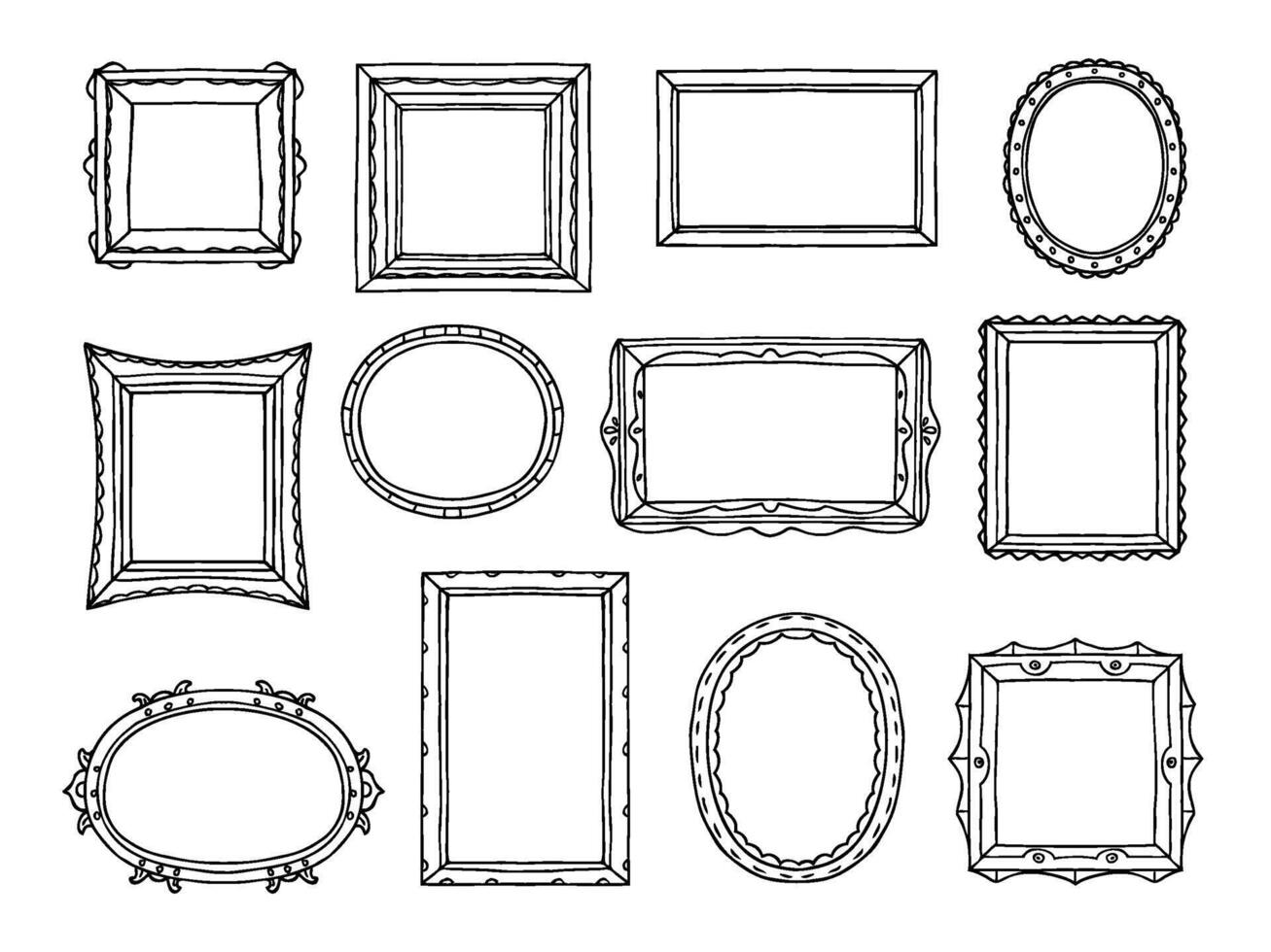 Hand drawn picture borders. Sketch photo frame, rectangular and round shapes of vintage doodle frames set vector