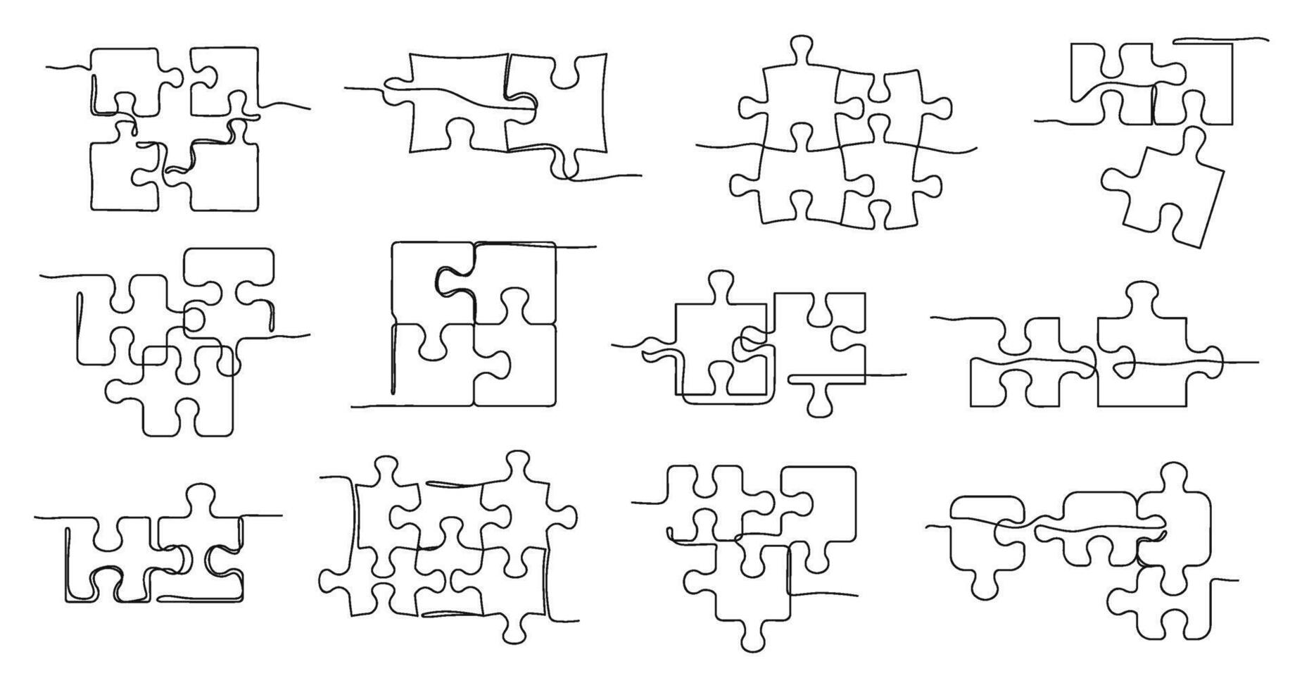 One line puzzle. Solving jigsaw, puzzle pieces connected together and teamwork concept illustration set vector