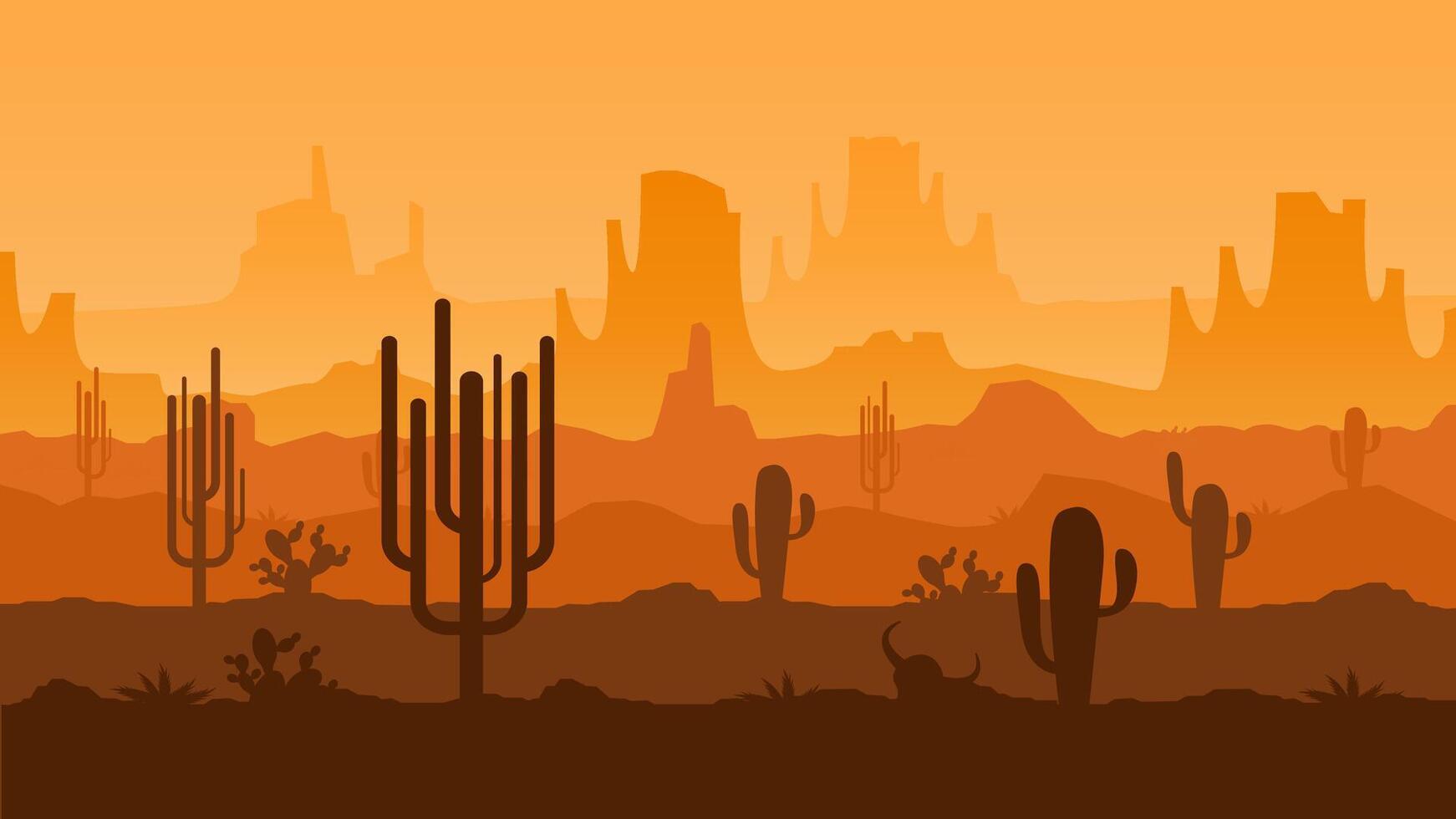 Texas desert sunset. Arizona landscape, valley of cacti with mountains silhouettes background panoramic illustration vector