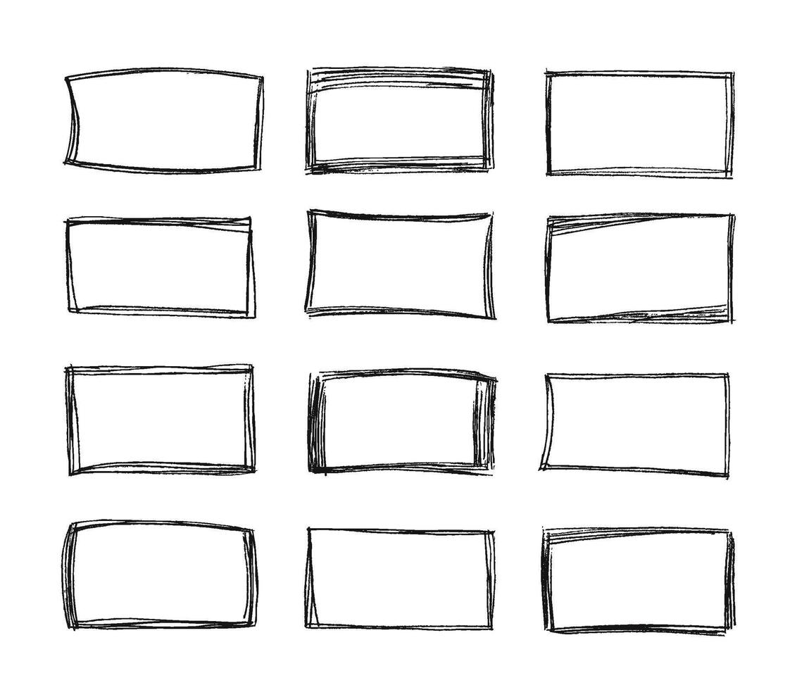 Sketch square frames. Hand drawn rectangular shape doodle border, pencil line scrawl squares and sketched selection frame set vector