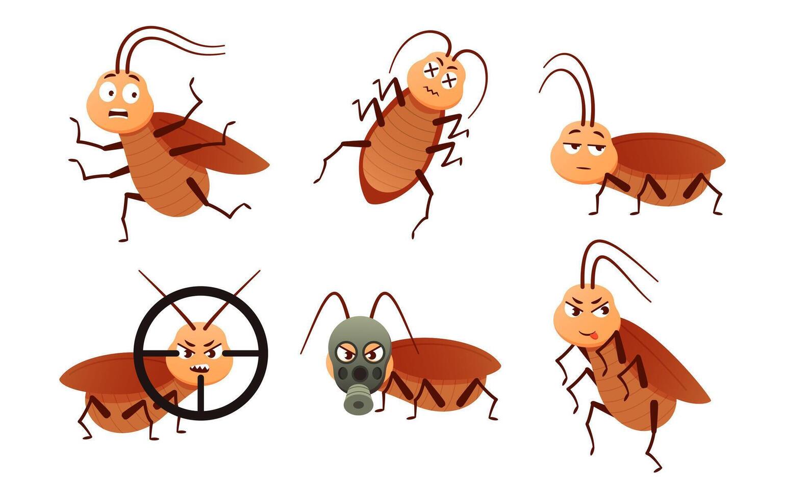 Cockroach character. Roach insects, bugs control mascot and brown parasite beetles cartoon set vector