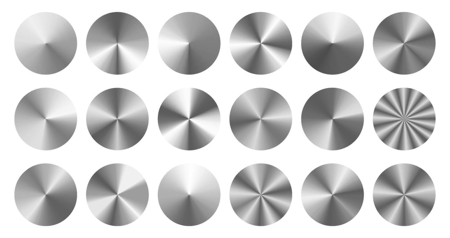 Conical metal gradients. Radial metallic knob, silver disc and brushed steel circles set vector
