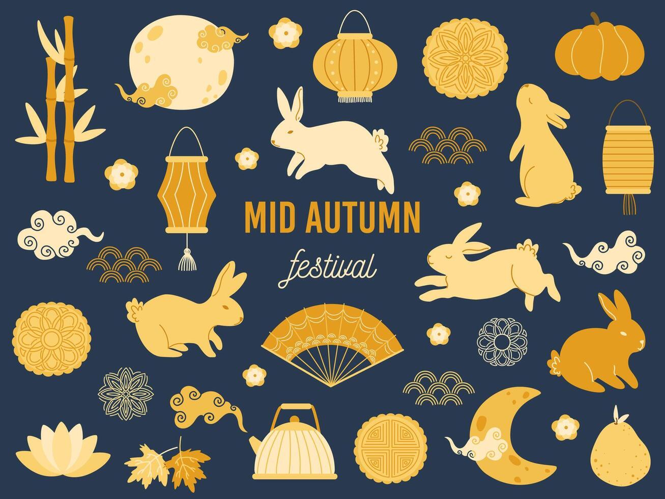 Mid autumn festival rabbits. Lotus mooncake, asian moon with clouds and gold rabbit Illustration set vector