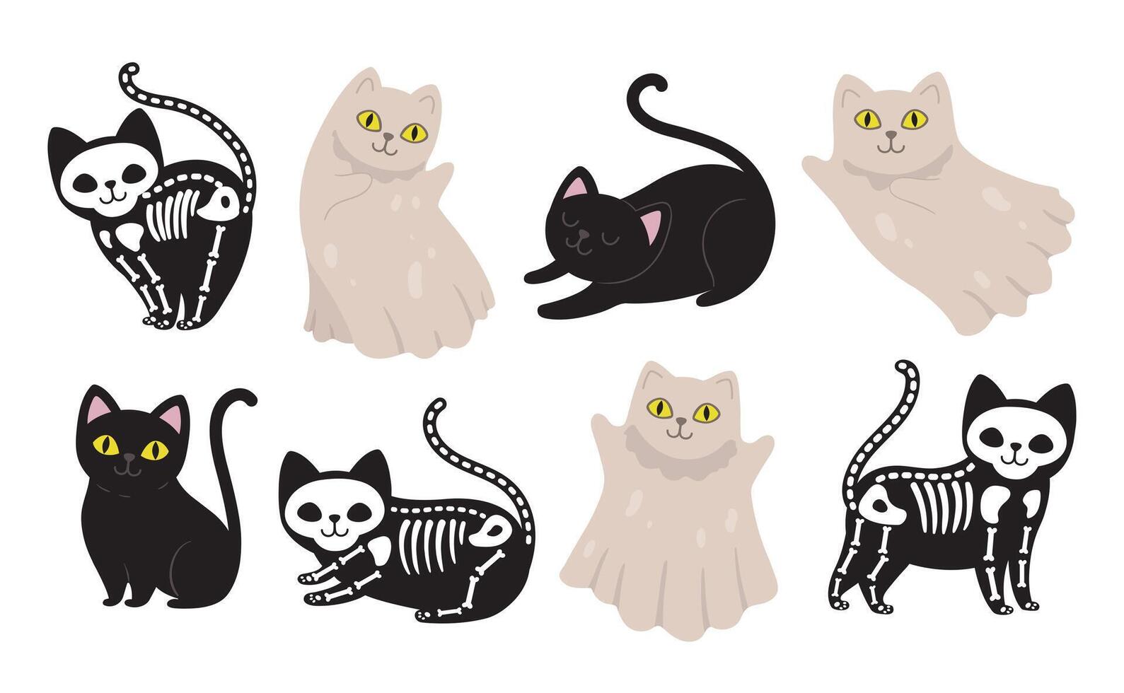 Cute black cat. Dead kitten, funny halloween ghost and skeleton in different poses. Bad luck cats set vector