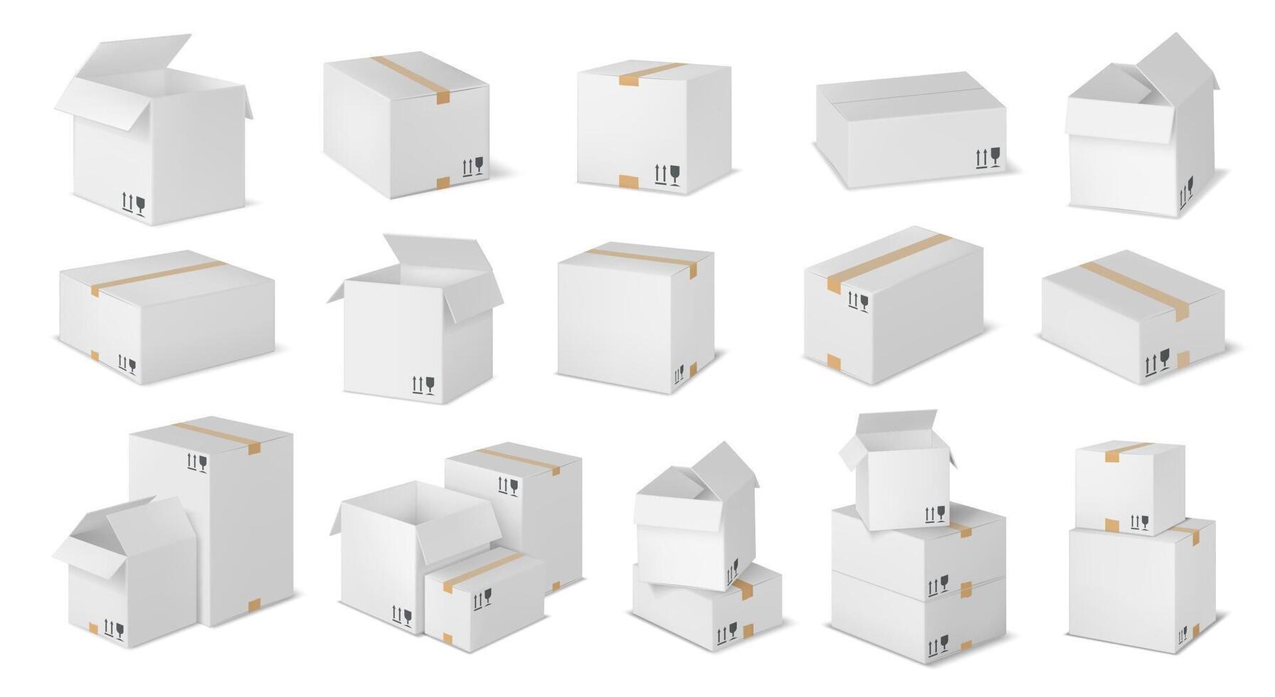 Realistic post box. White cardboard package, stacked boxes and fragile parcel packaging 3D mockup set vector