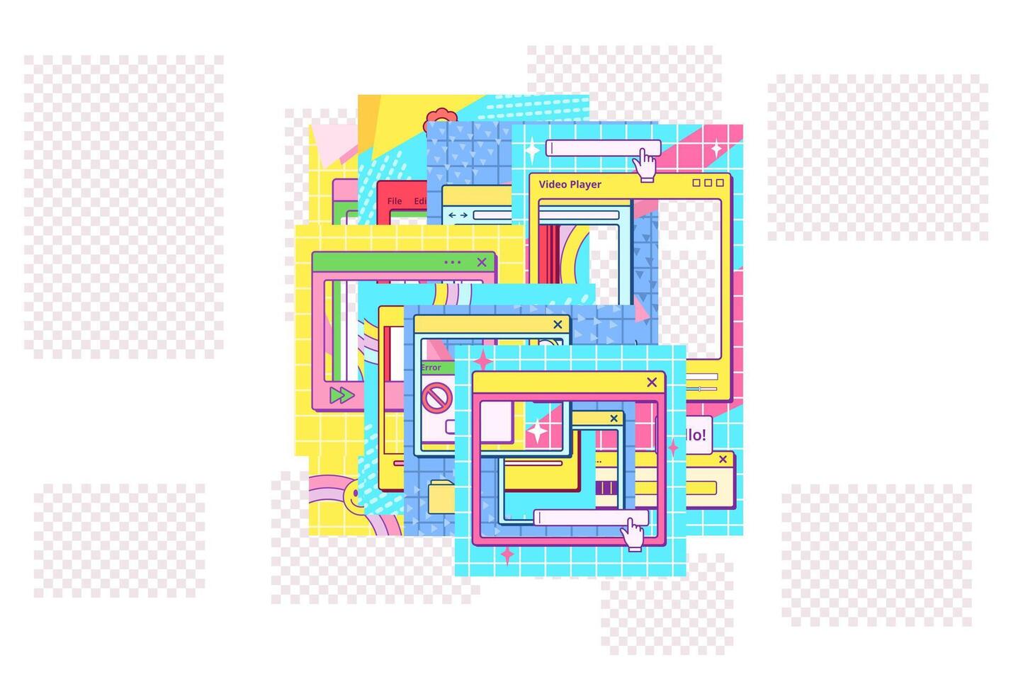 Retro UI post template. Cool 90s aesthetic social media stories frames, app window with groovy background set vector