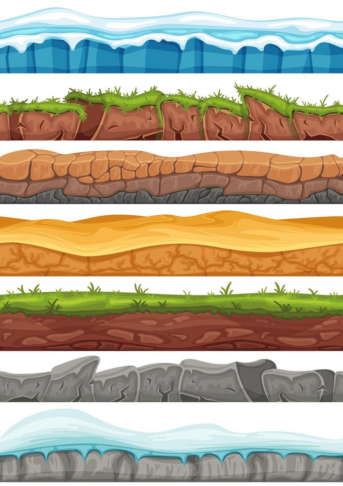 Cartoon seamless grounds. Game background assets of rocks way texture, snowy land, desert sands and green meadow landscape Illustration set. vector