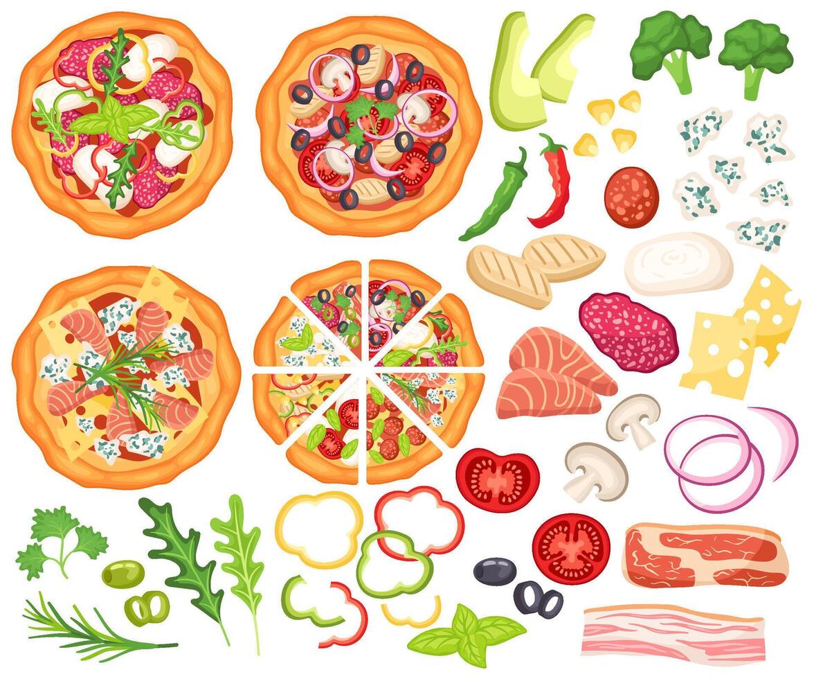 Pizza designer. Ingredients for cooking, sliced vegetables and top view pizzas cartoon set vector