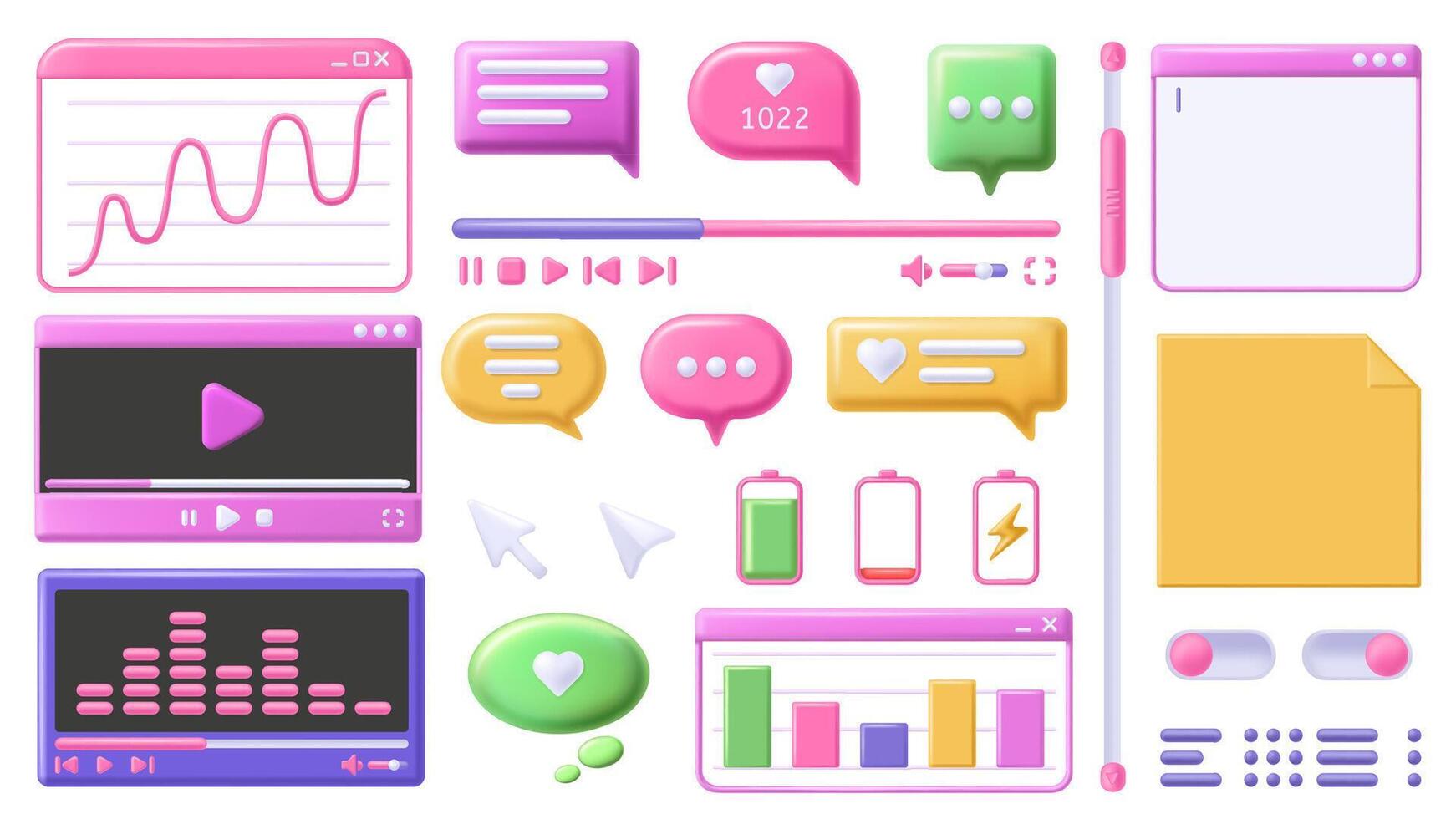 Design 3D elements. player window, notes and text editor app. Scroll bar, UI buttons and office graph charts set vector