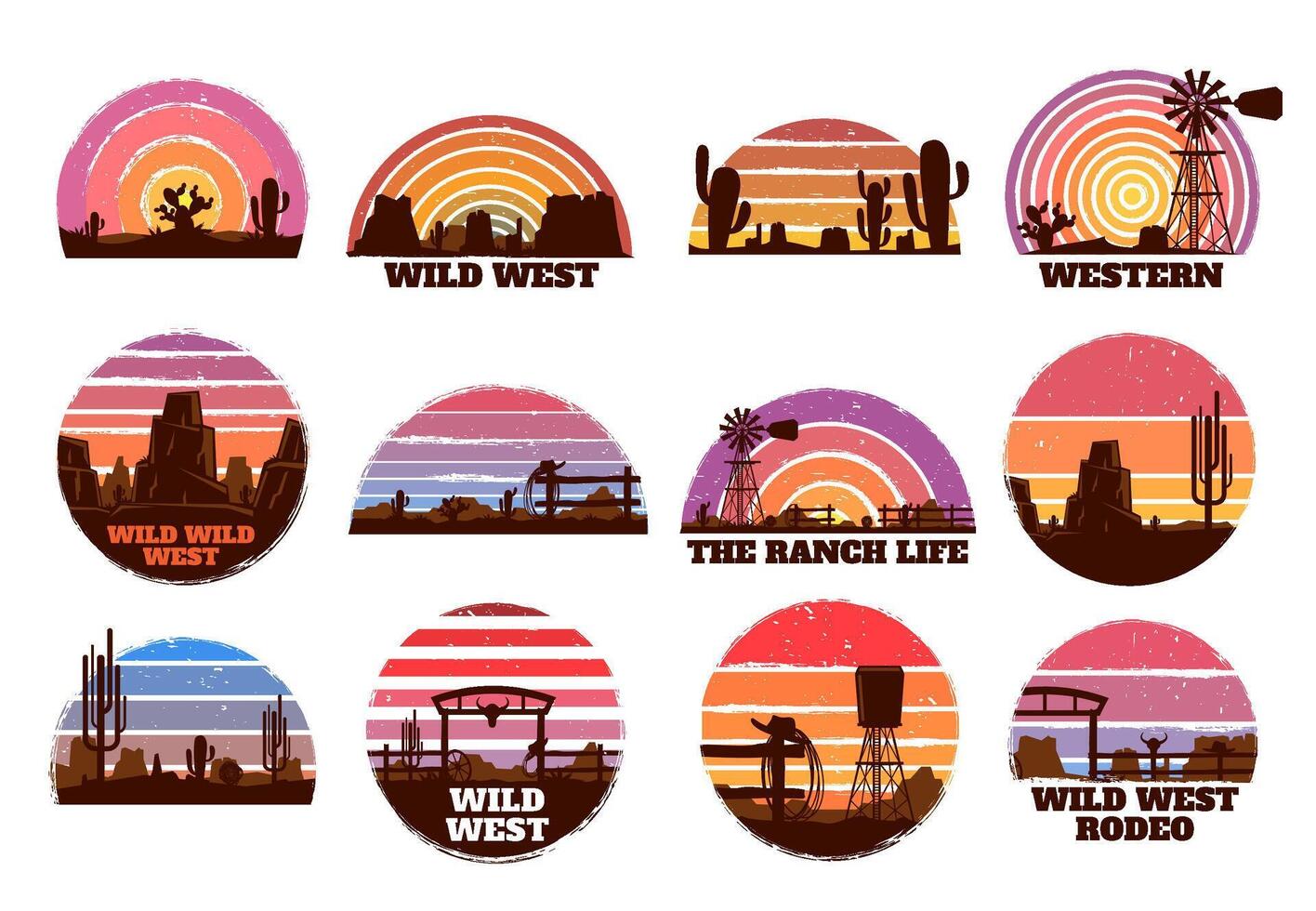Retro wild west sunset. Western ranch silhouette, Texas nature morning landscape and desert with cactuses illustration set vector