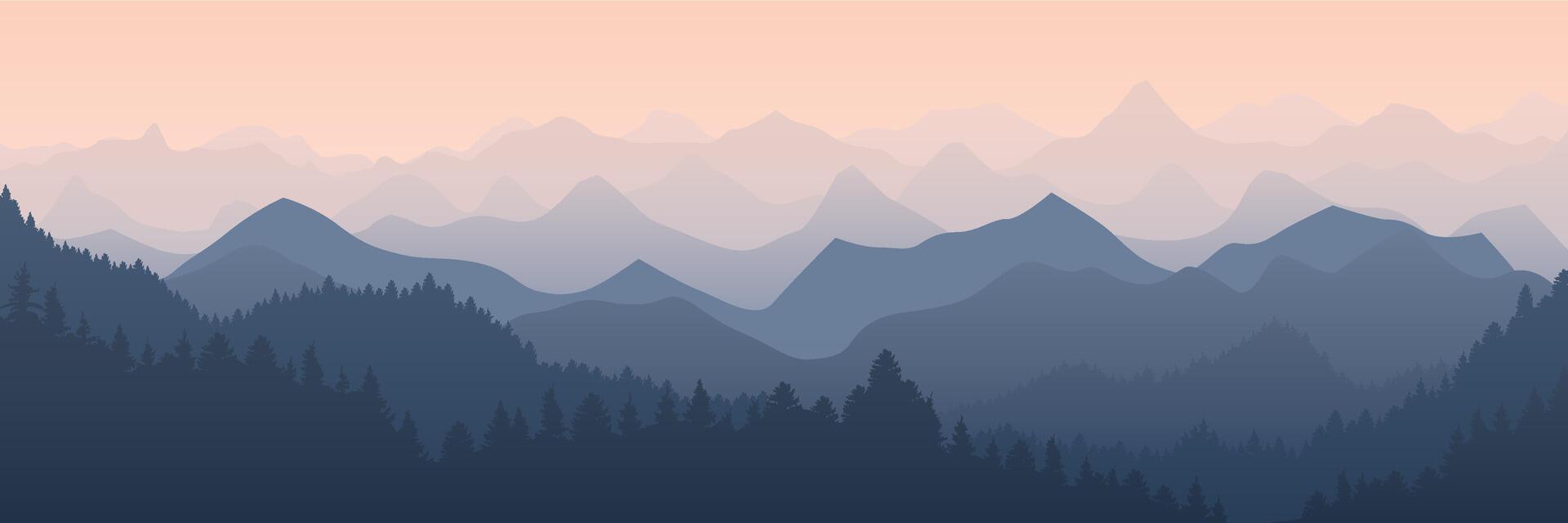Mountains panorama. Foggy mountain landscape with aerial perspective effect, morning sunrise forest background illustration vector