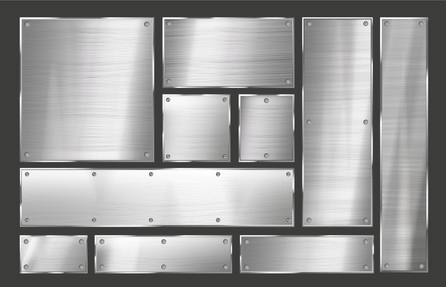Metal plate. Brushed steel sign frame with metal rivets, polished metallic signboard background set vector
