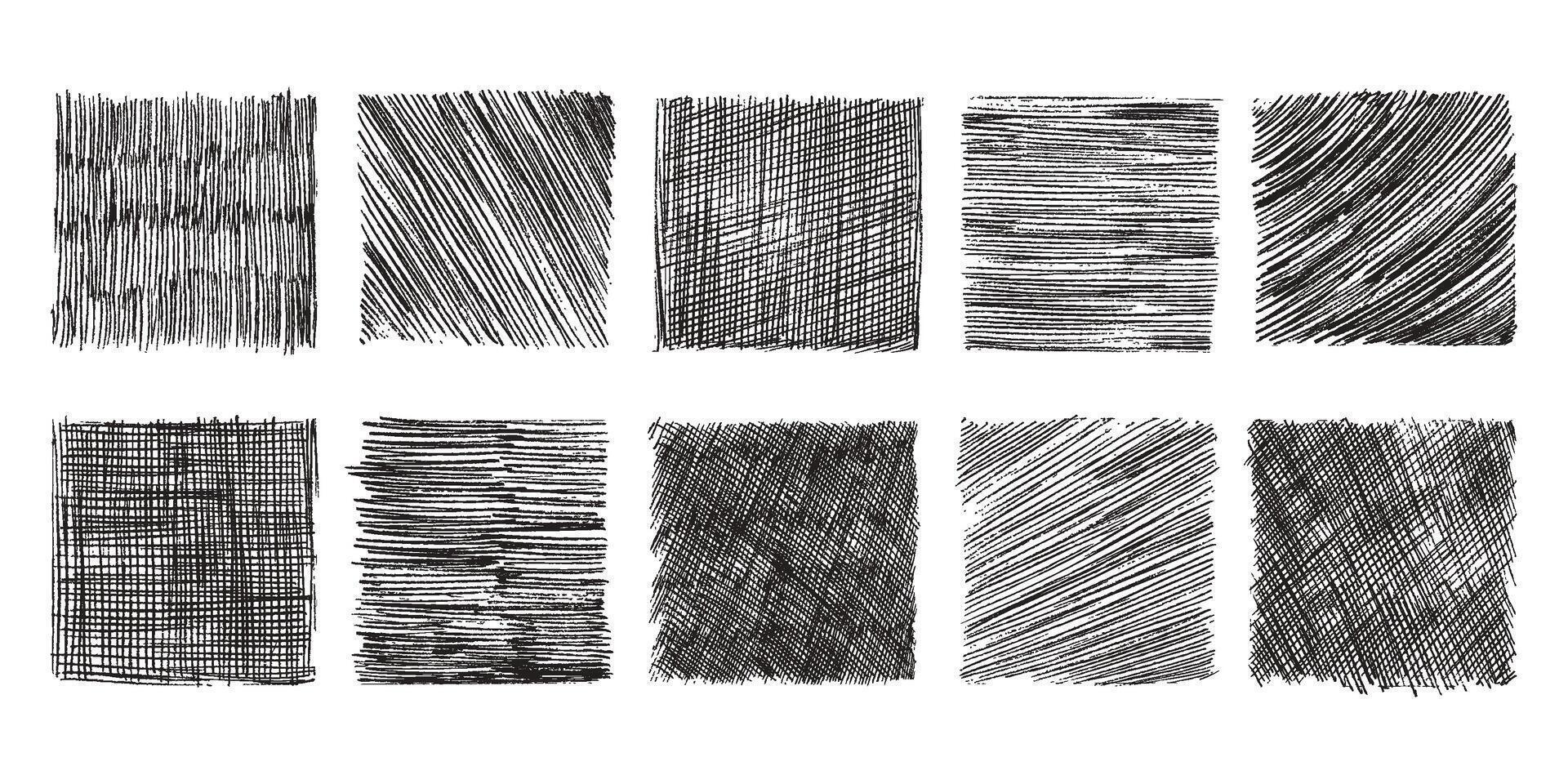 Pencil shaded squares. Pen stroke scribble, hand drawn scrawl sketch texture and line sketched background set vector