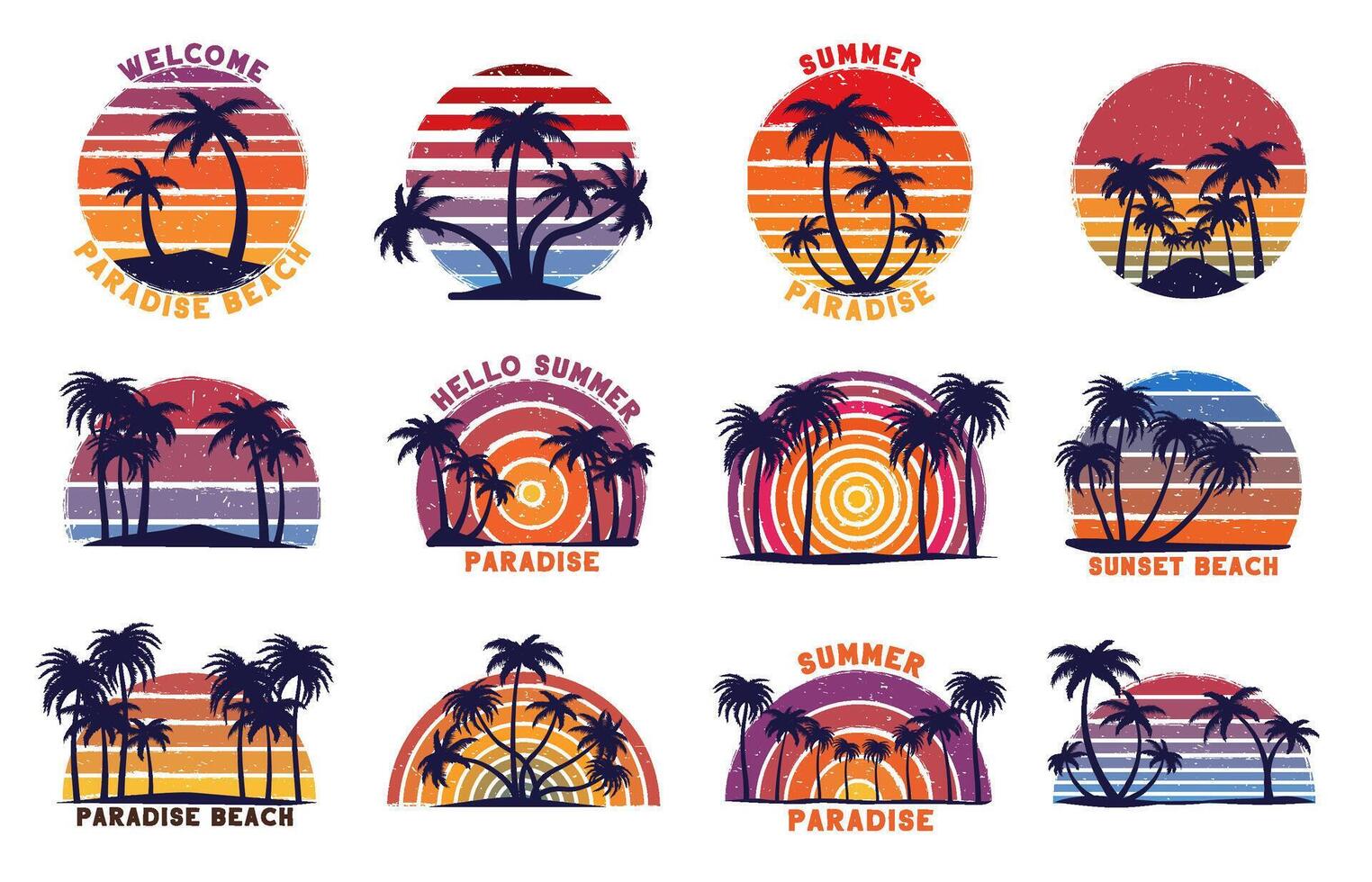 Retro beach sunset. Summer paradise print with grunge 80s striped sun and palm trees silhouettes illustration set vector