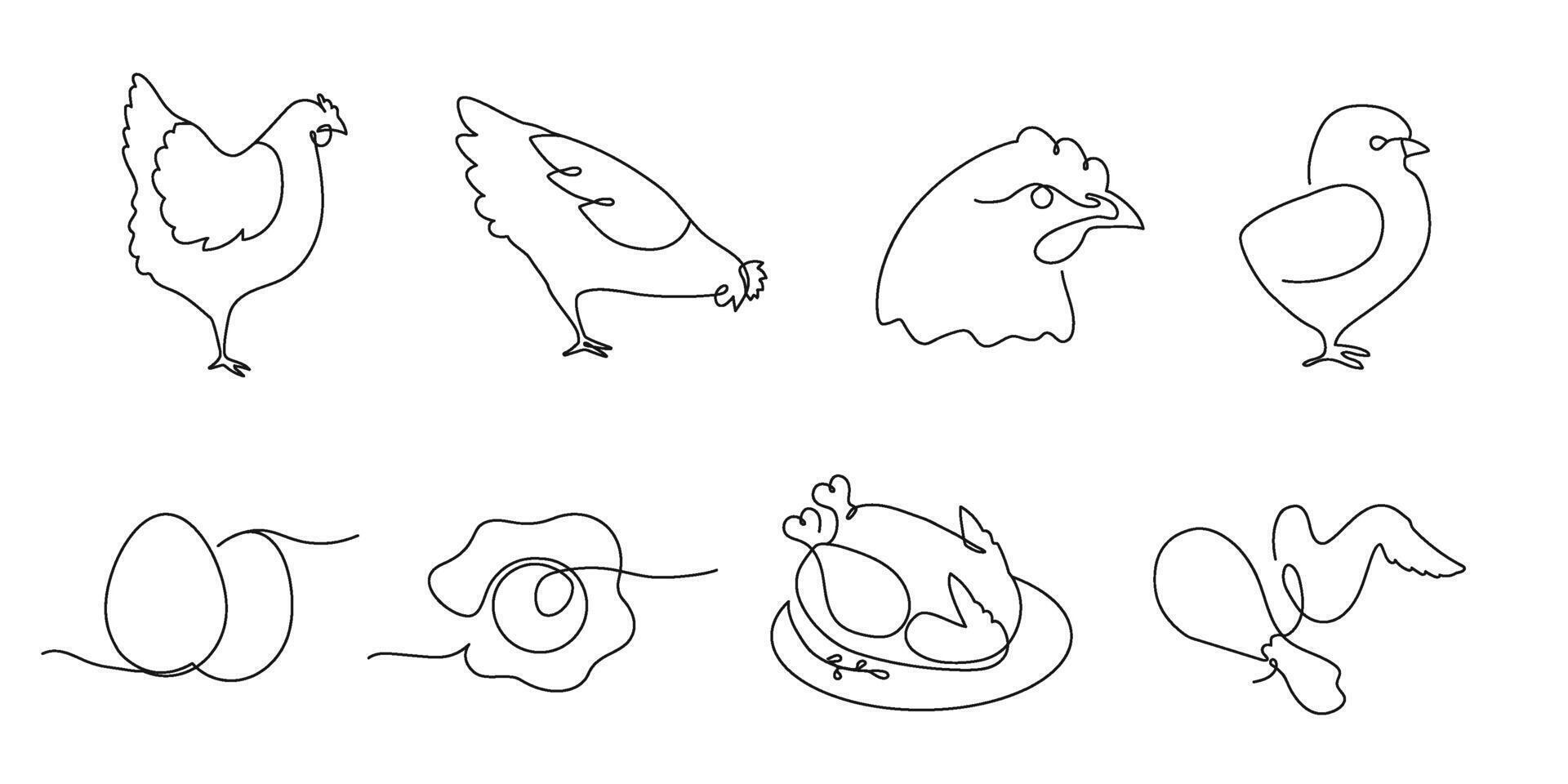 One line chickens. Farm bird, chicken meat and eggs continuous line illustration set vector
