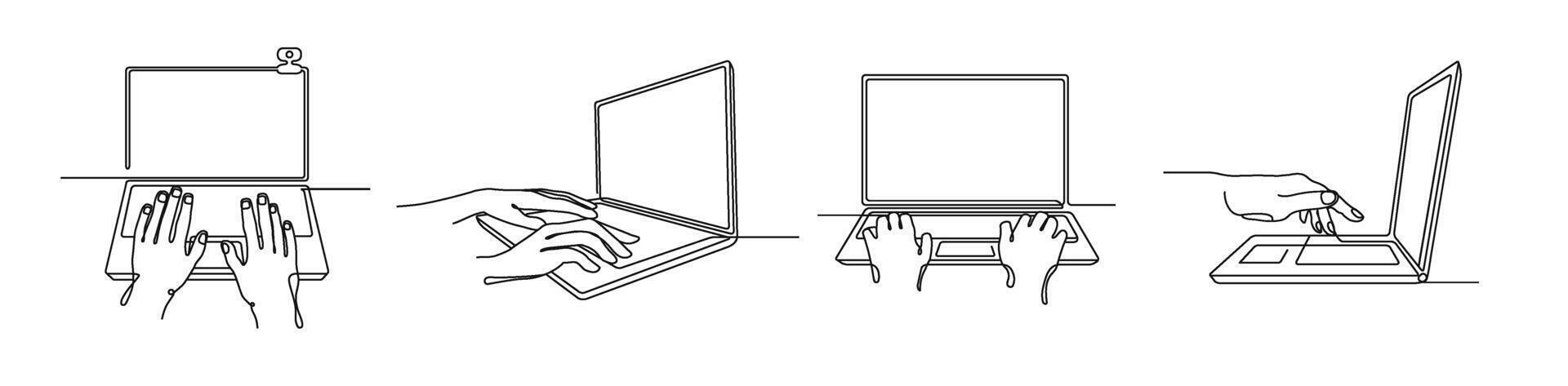 One line laptop with hands. People typing on notebook computer keyboard, internet communication and online working illustration set vector
