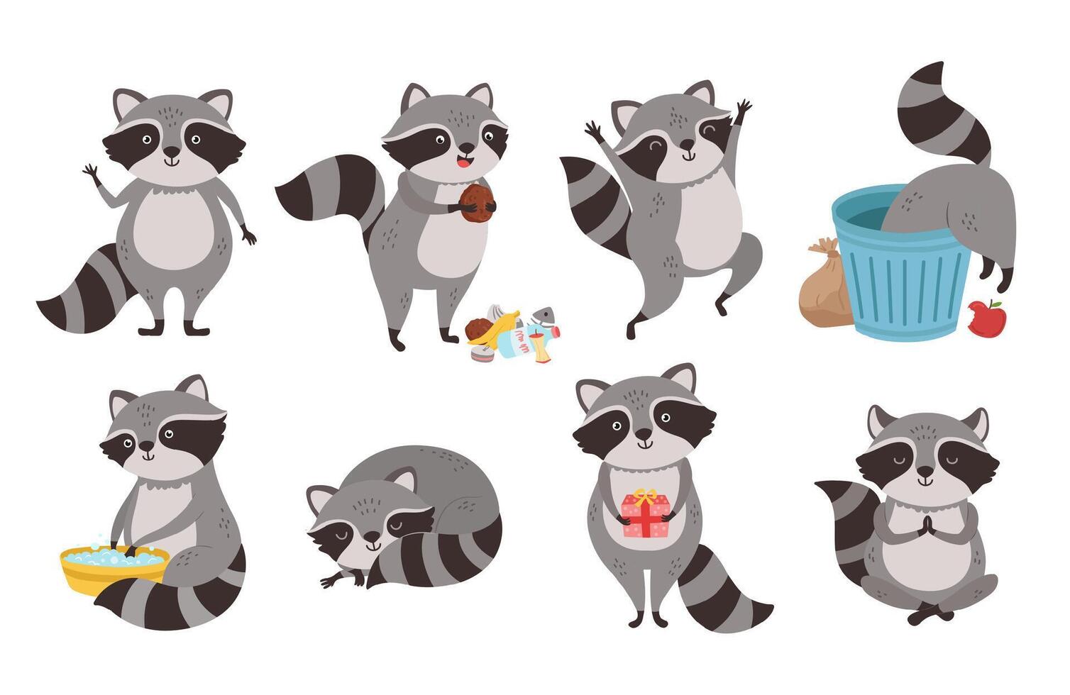 Raccoon character. Funny coon in trash, wild raccoons in different poses and cute mammal animal mascot cartoon set vector