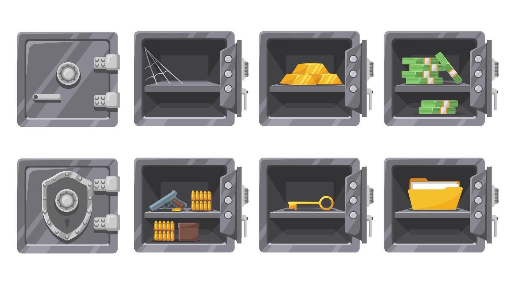 Metal safe. Safely vault for gun, key and documents. Gold bars and cash money in secure metal storage. Open and closed safes Illustration set vector