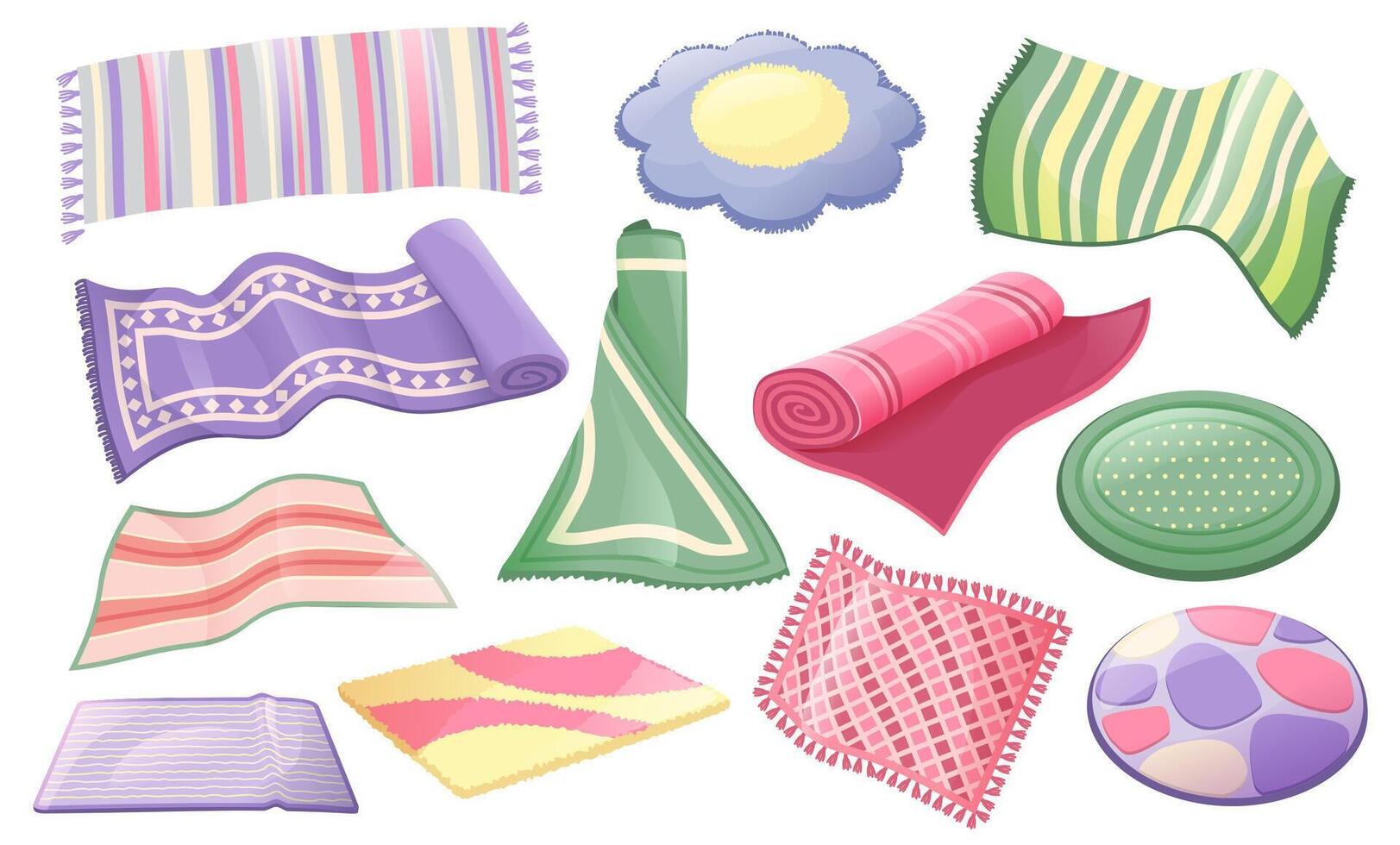 Cartoon carpets. Home decor rugs, carpet roll and interior fashion mat set vector