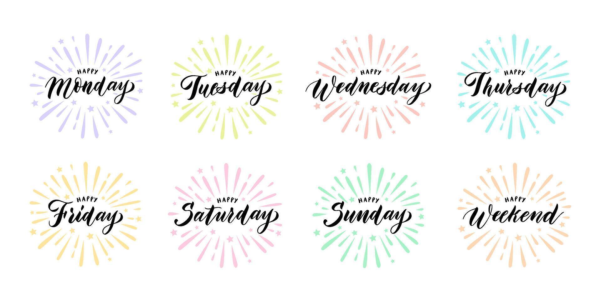 Happy week days lettering. Calligraphic weekend and weekday names with burst splash, handwritten diary titles set vector