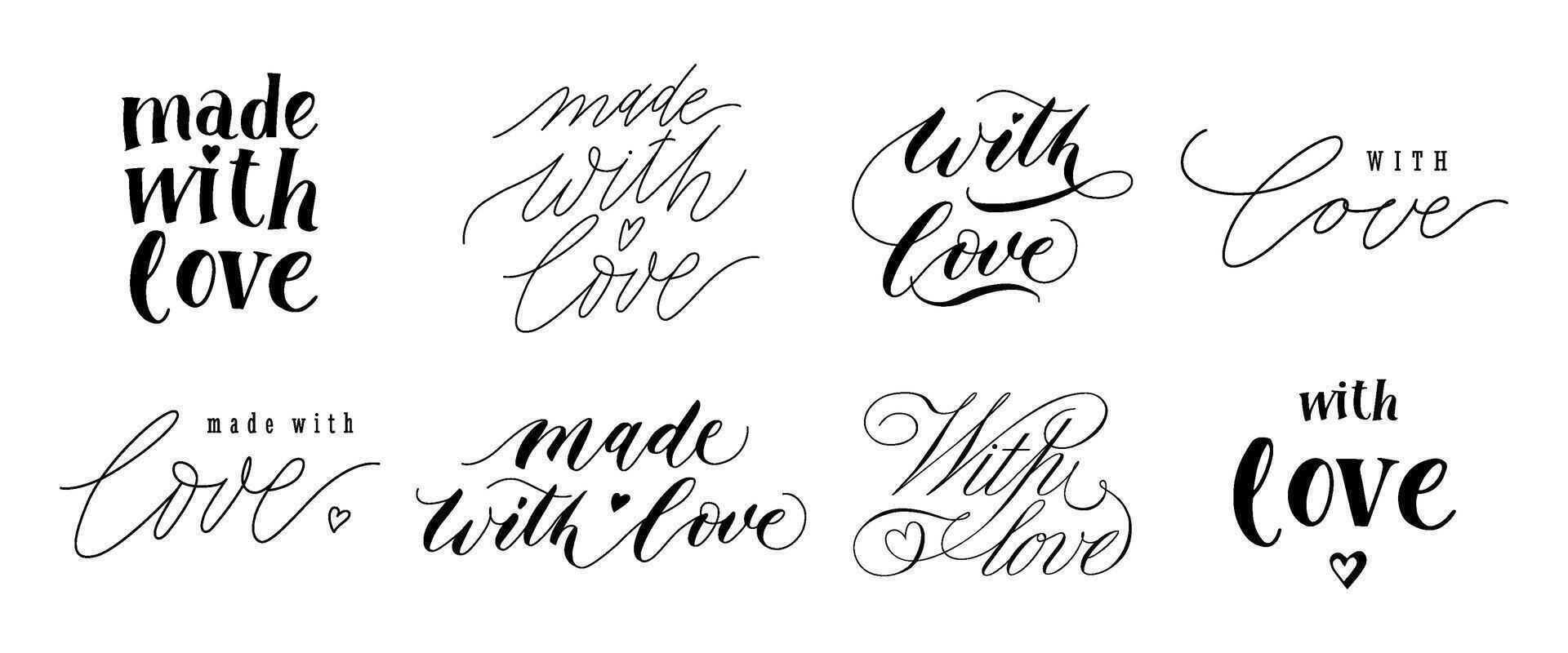Made with love lettering. Hand drawn text for handcraft goods and with love phrase typography sign for vintage letter set vector