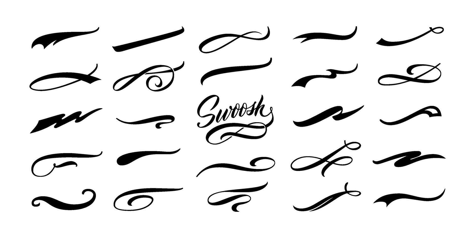 Calligraphic swoosh. Decoration swish symbols, retro underline swooshes tails and athletic typography text underlining set vector