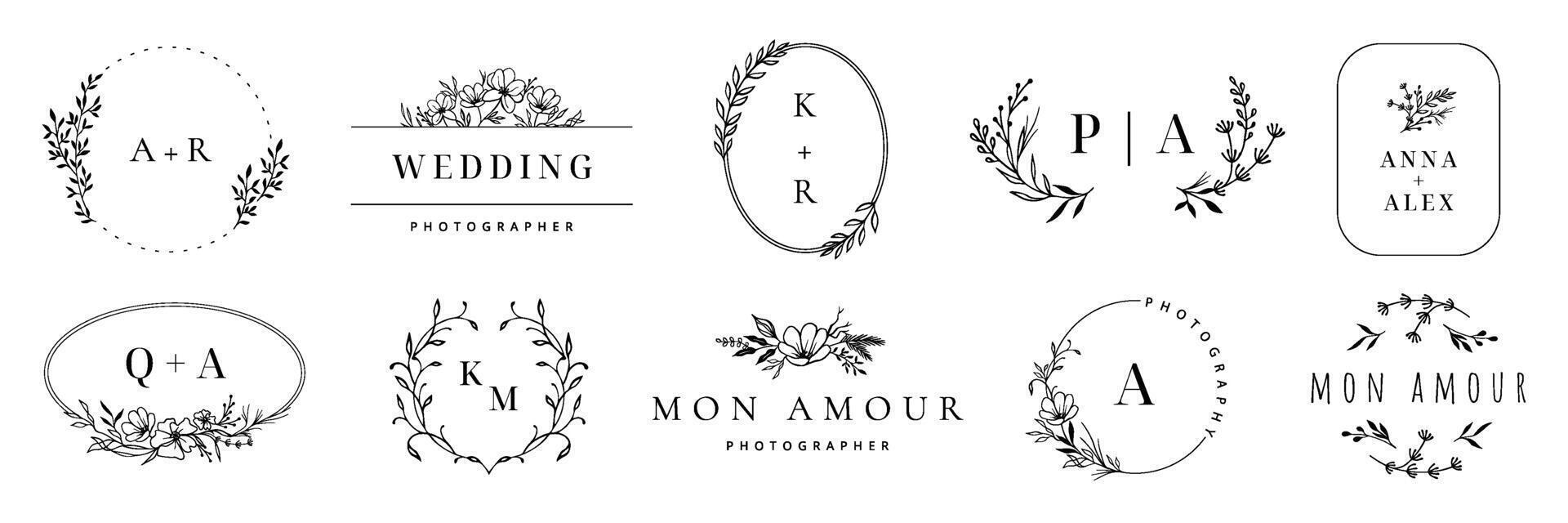 Wedding logo. Elegant monogram, hand drawn marriage invitations with wreath borders set vector