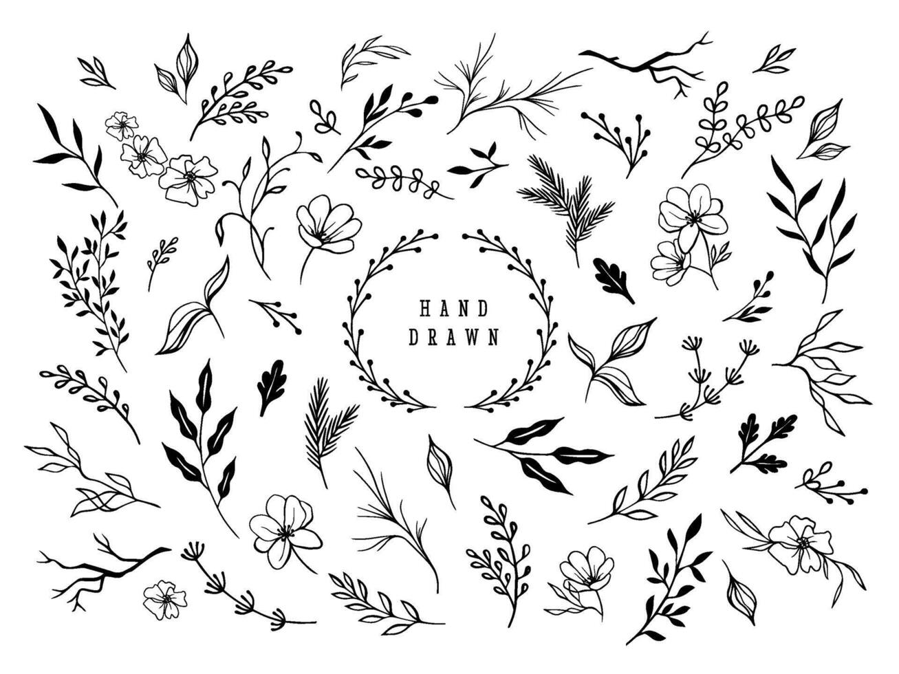 Hand drawn floral ornaments. Decorative flower, leaf and branch for wedding invitation design. Nature elements set vector