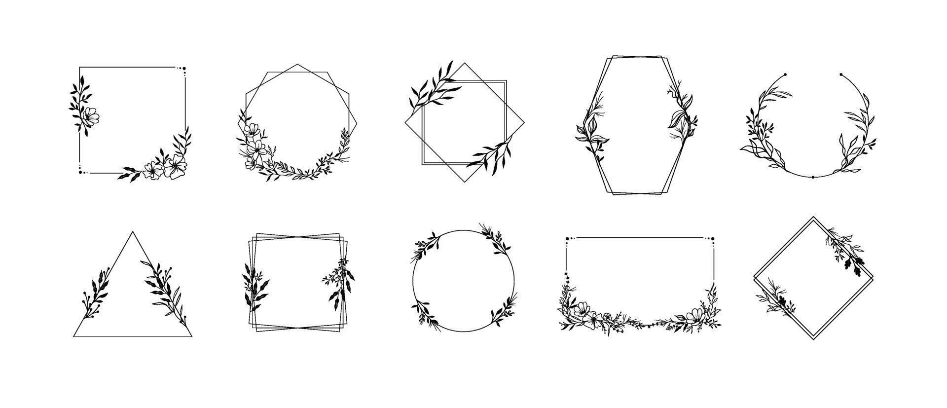 Floral ornaments frames. Geometric borders with herbs leafs, flower ornaments and leafy branches set vector