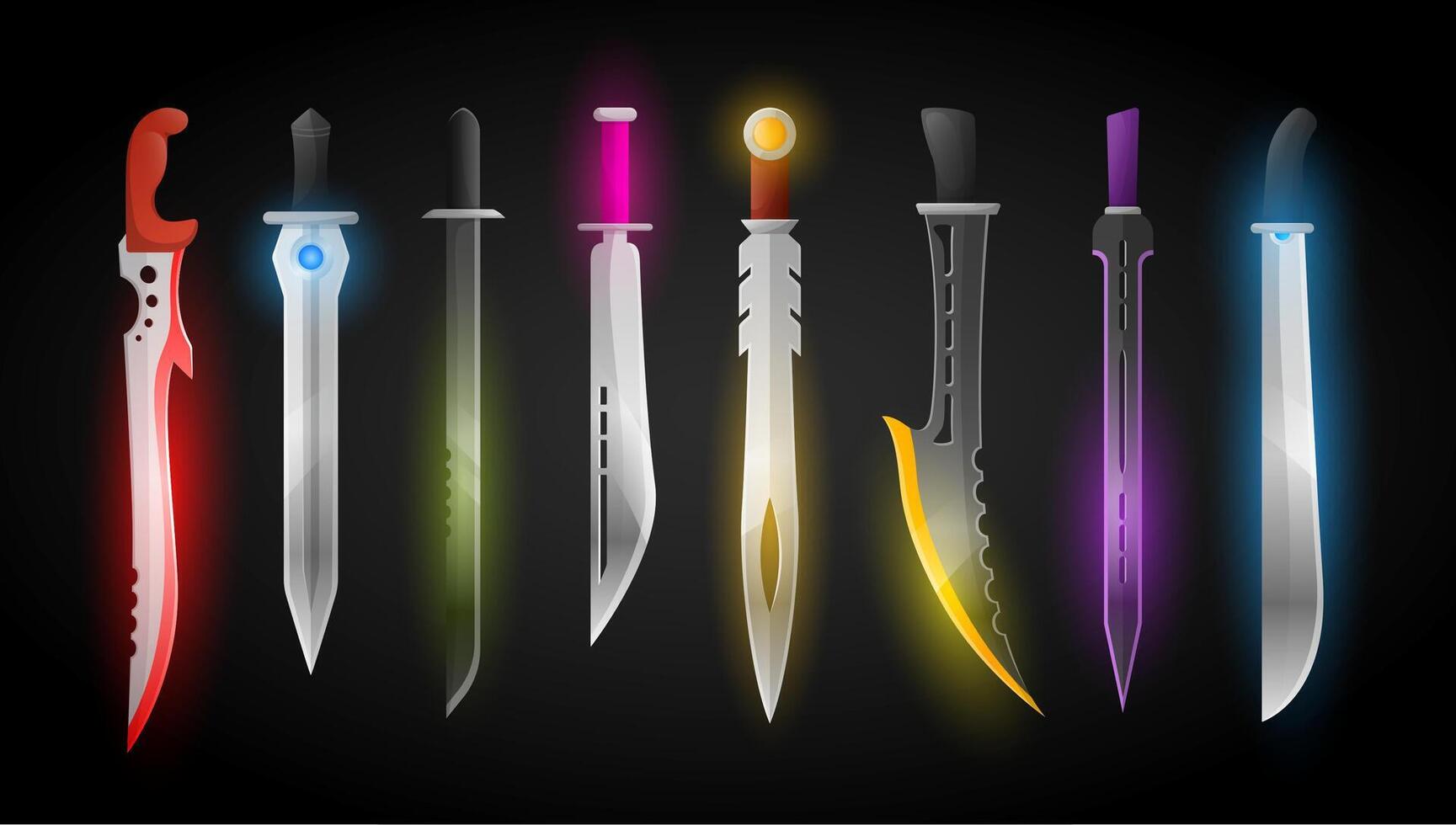 Futuristic sword. Fantasy metal blade knife, scifi ninja soldier weapon and neon glowing swords set vector