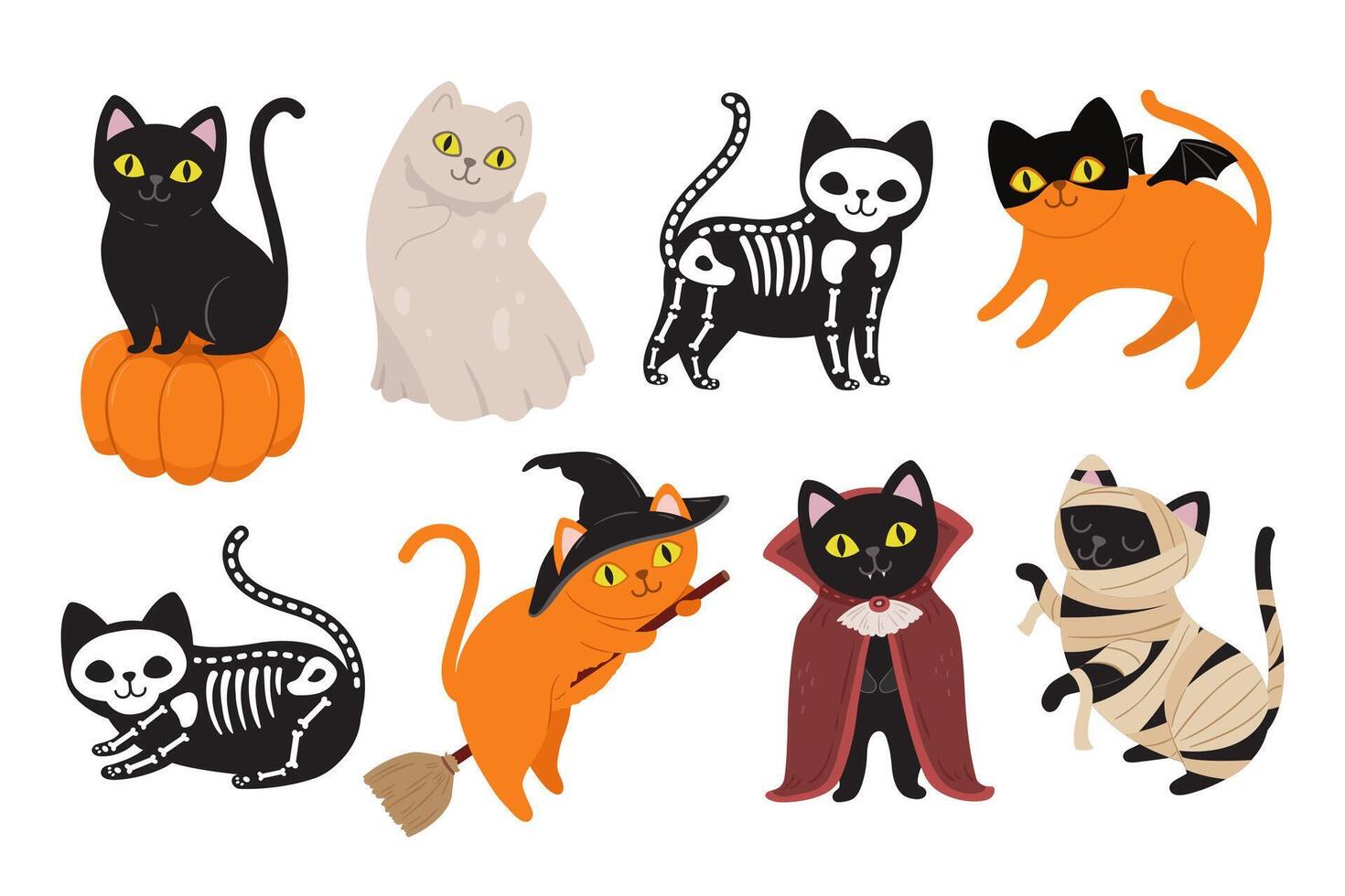 Halloween cats. Black kitten in Dracula vampire costume, mummy animal and witch cat. Ghost pet, scary skeleton and kitty on pumpkin set vector