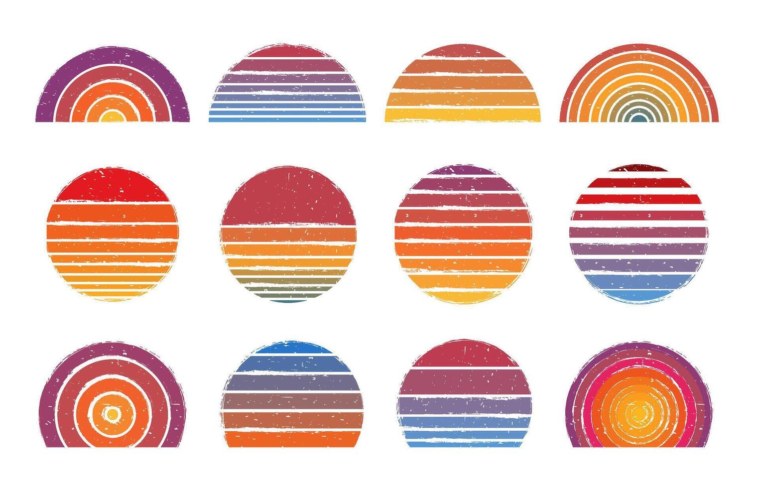 Retro sun circles. Vintage striped sunset and retro sunrise gradient lines with grunge texture set vector