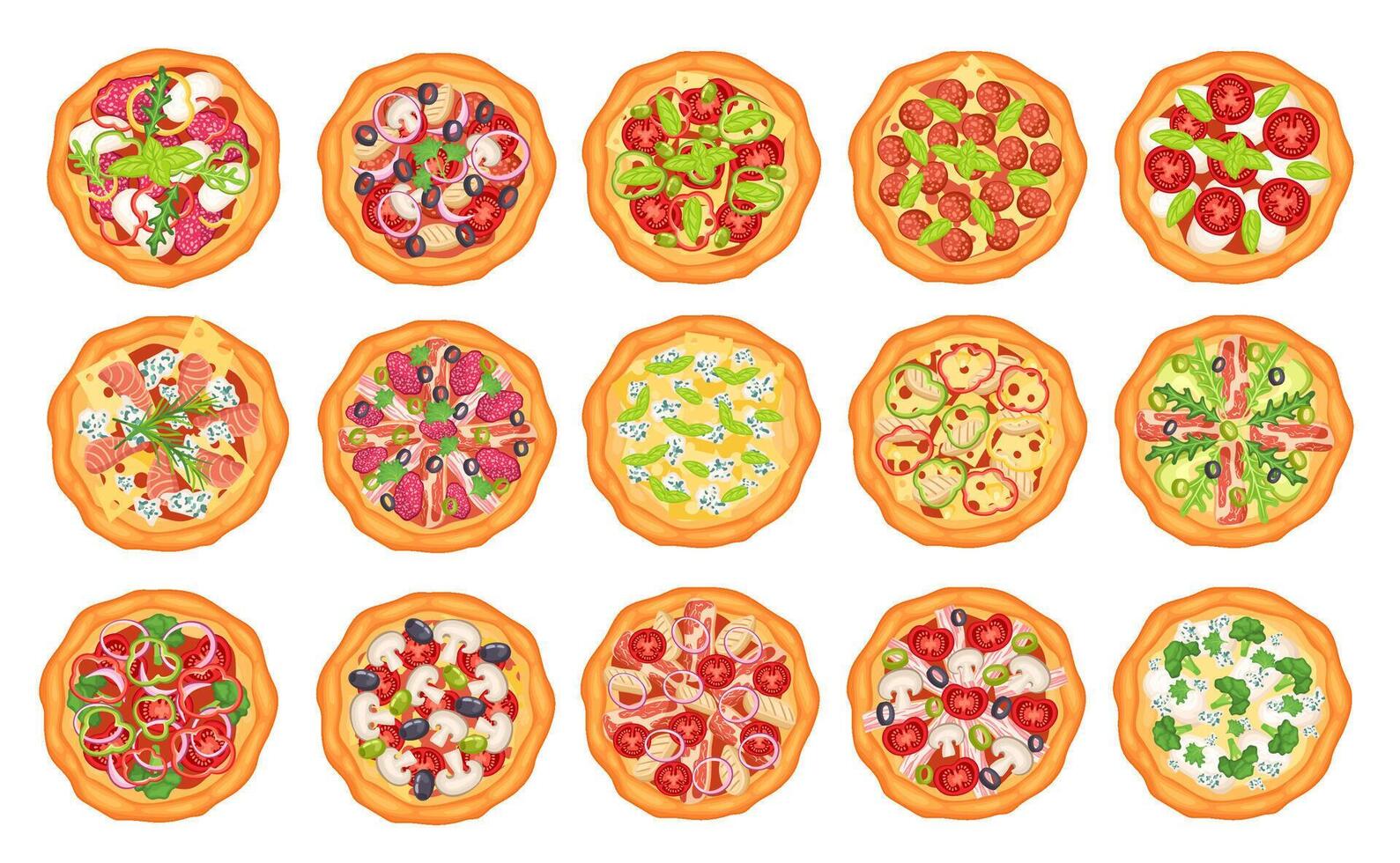 Top view pizza. Different Italian pizzas, margherita with mozzarella cheese and tomatoes slices, pepperoni with basil cartoon set vector