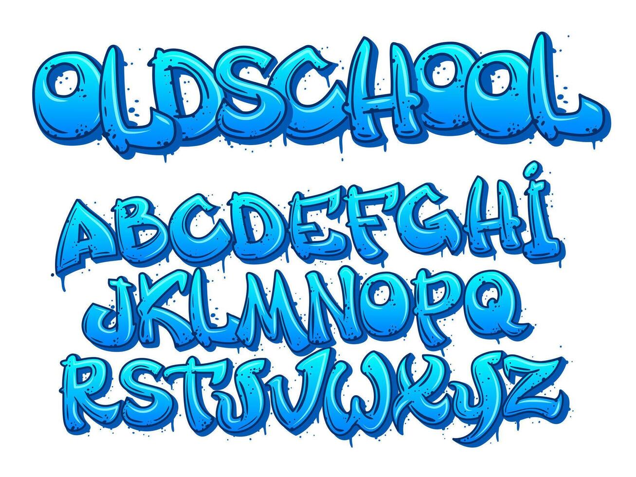 Old school graffiti font. Cartoon alphabet capital letters in street art style with paint smudges and depth effect, urban lettering designer set vector