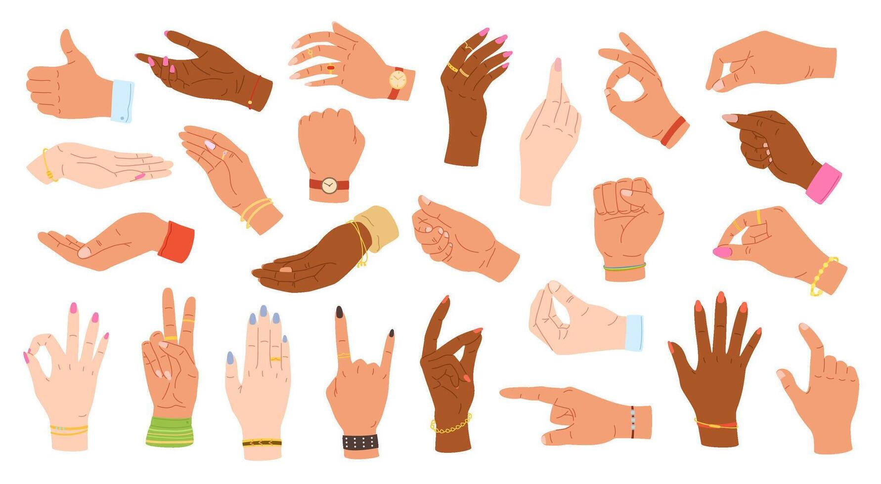 Hand gestures. Human hands hold, point and grip. Multiethnic hands with accessories on wrists Illustration set vector