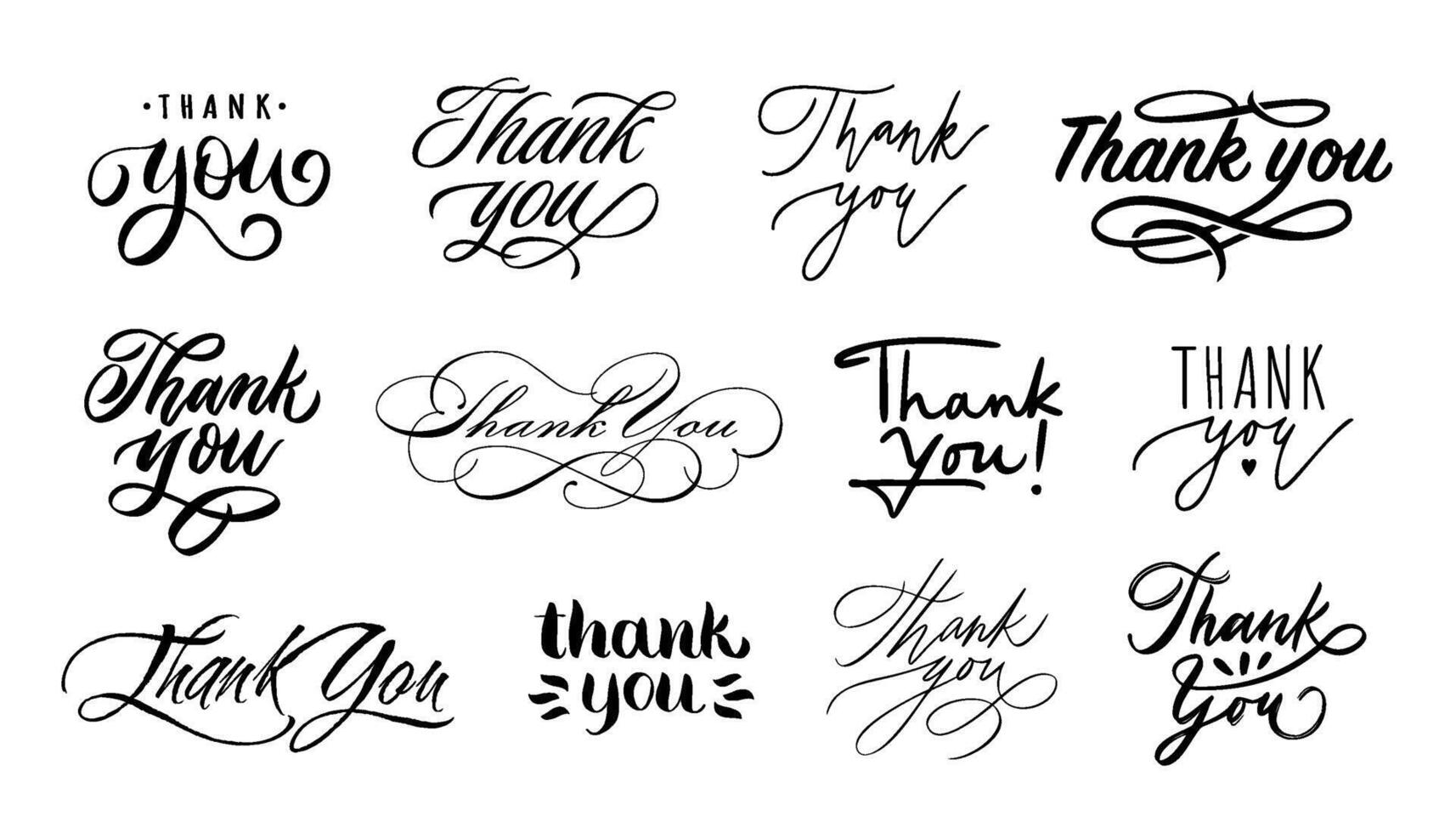 Thank you lettering. Handwritten calligraphic words of thanks, thanking tags for letter or card design set vector