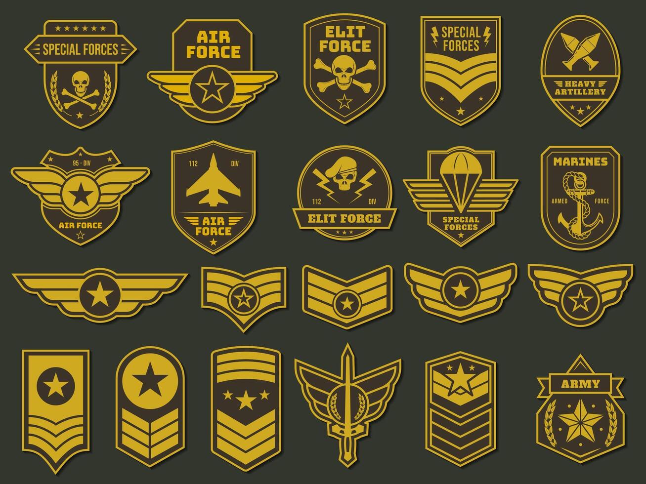 Army badges. Military units emblems, soldier patches and insignias tags set vector