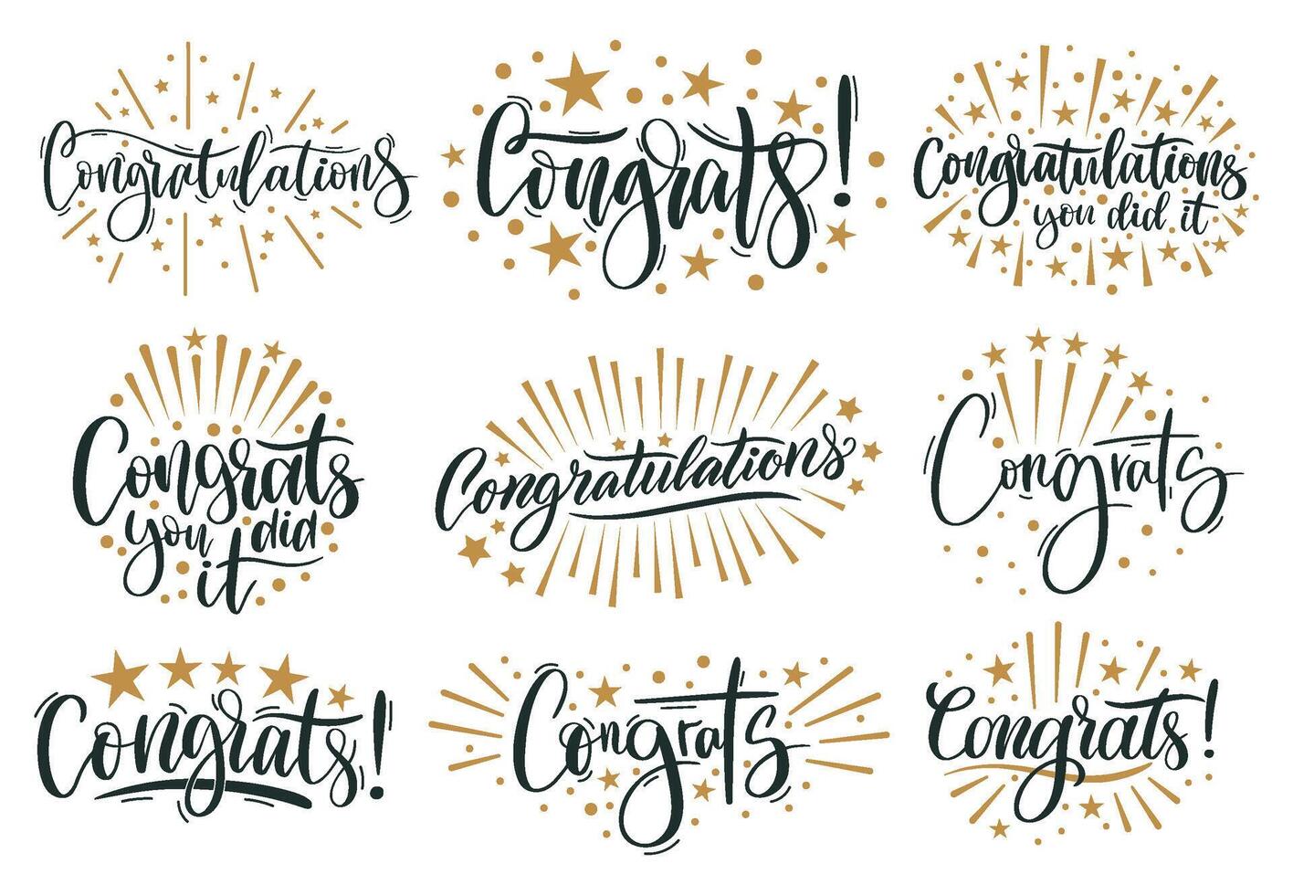Congratulatory text. Congratulations lettering and congrats calligraphic inscription for celebration posters. Handwritten words set vector
