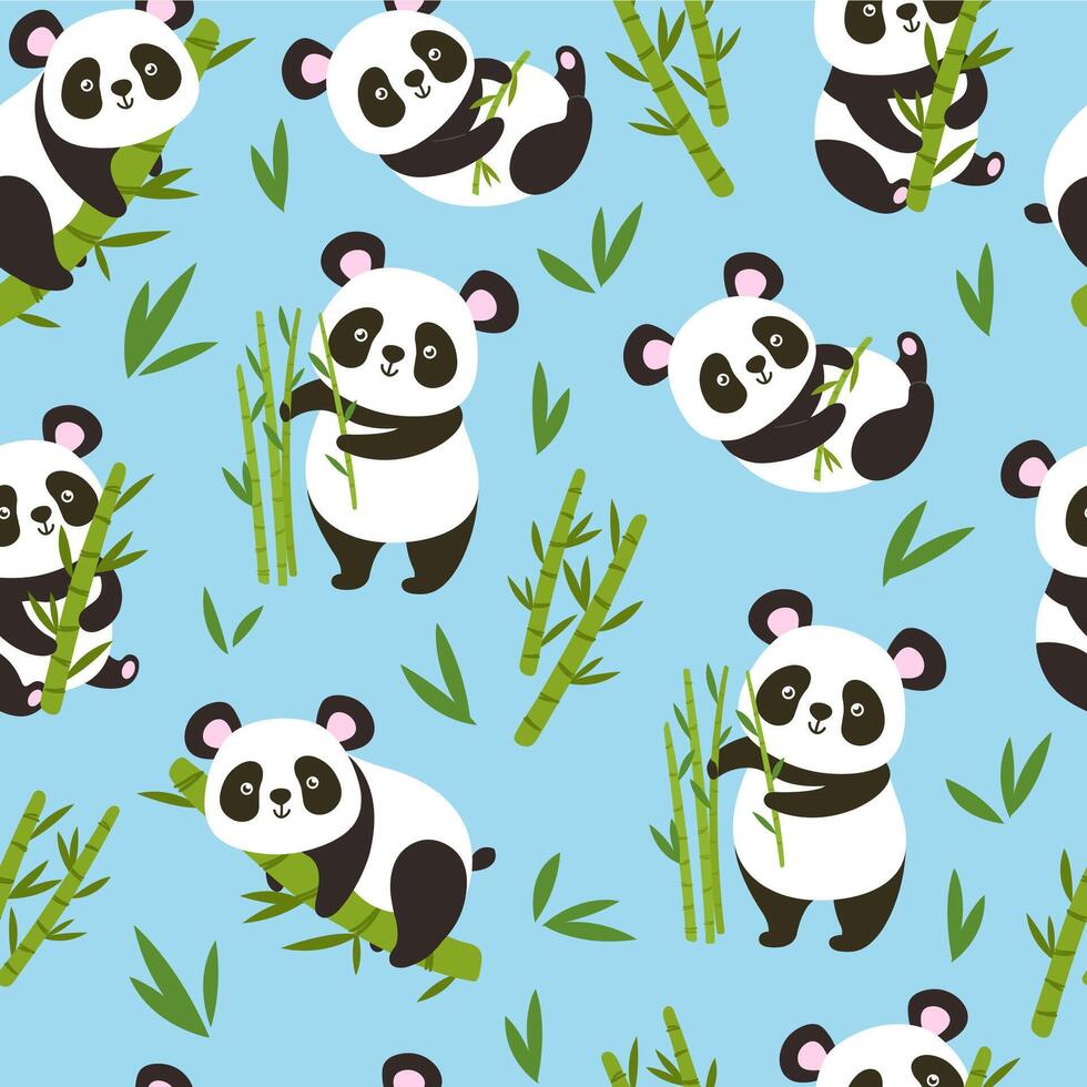Pandas pattern. Seamles baby panda bears with bamboo branches, cute china animal background illustration vector