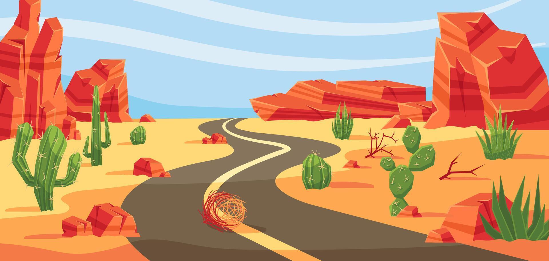 Desert road. Death valley, western hot summer highway with cactuses and tumbleweeds landscape background illustration vector