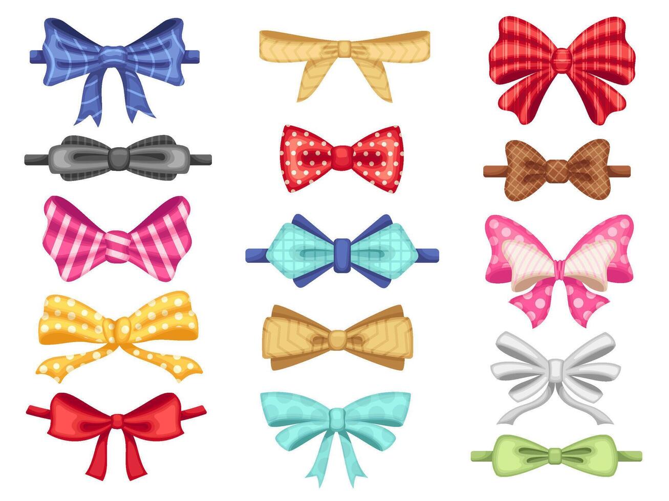Cartoon bow accessories. Tied ribbons, bow-tie for lady and gentleman and gift wrapping ribbon bows set vector