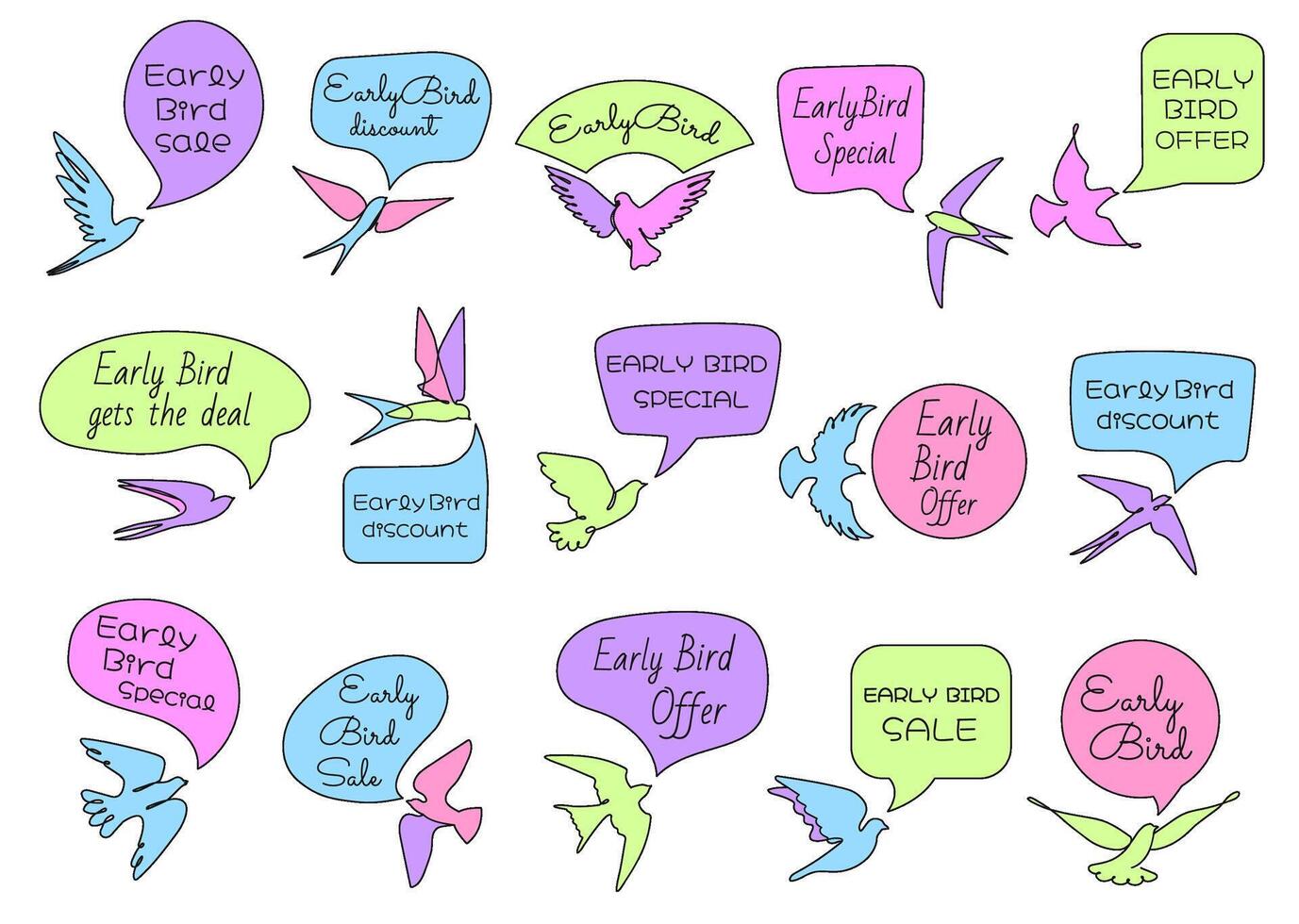 Early bird label. Special discount for early customers, shop sale offer tag with speech bubble frame and one line birds icons vector