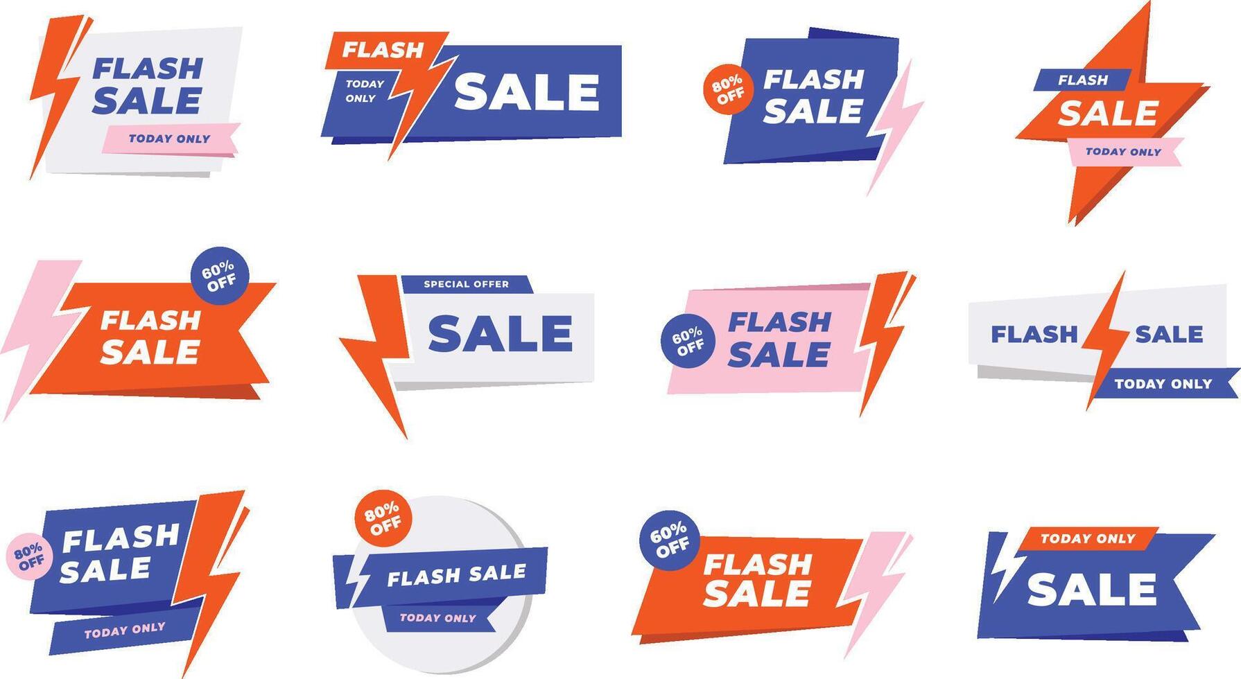 Flash sale labels. Today only lightning fast offer badge tags, promotion banners with flash symbol set vector