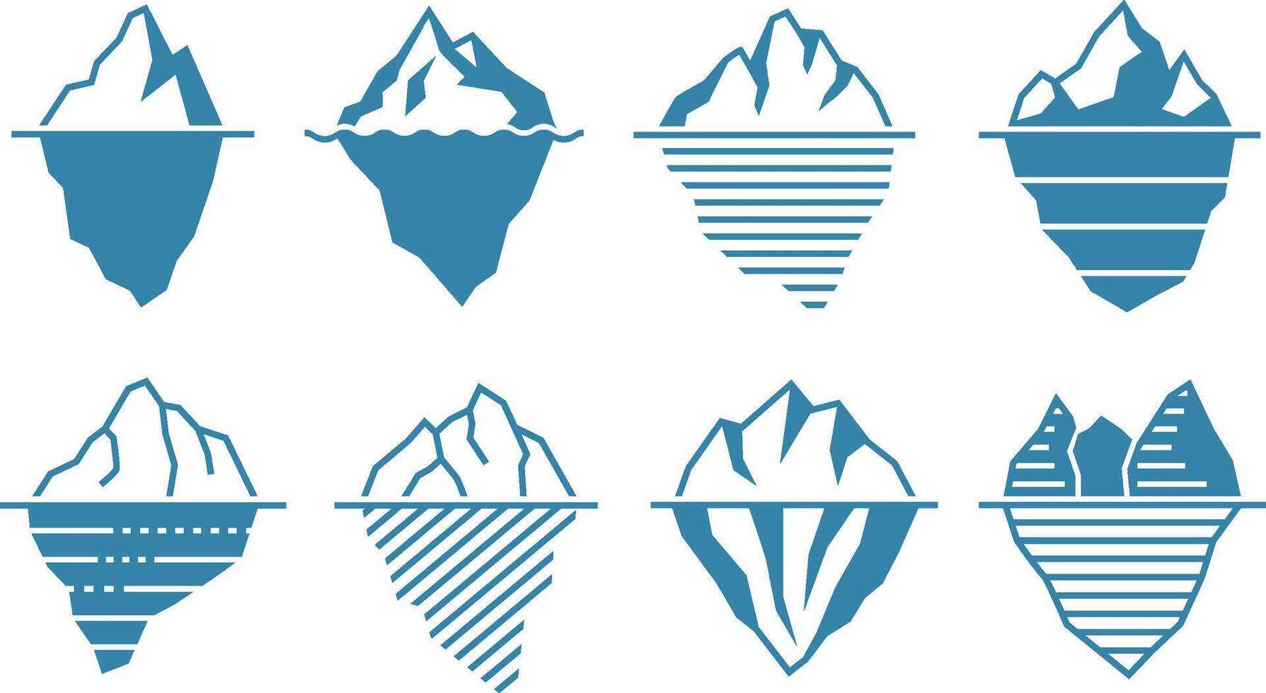 Flat iceberg. Floating acebergs with underwater part and tip, infographic template and arctic glacier illustration set vector