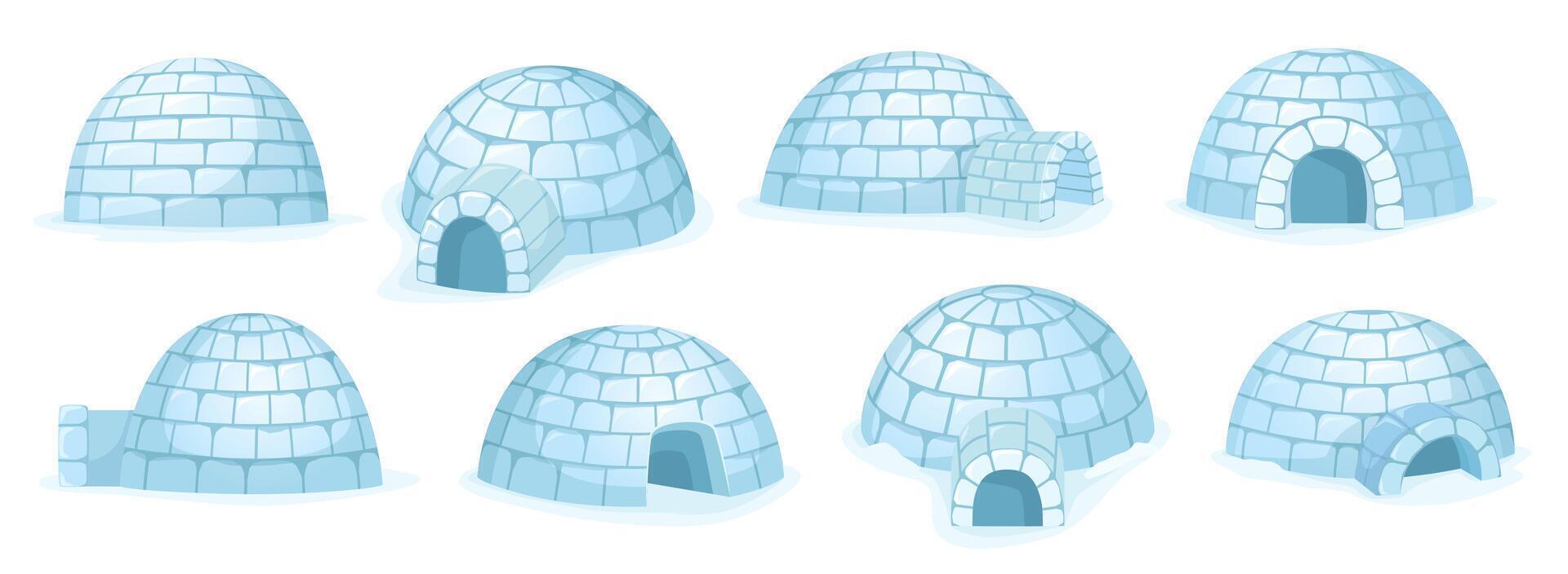 Cartoon igloo. Snow hut, winter house builded of snow and arctic shelter building from different angles set vector